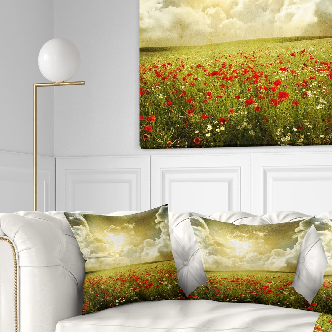Designart Wild Poppies on Cloudy Background - Landscape Printed Throw Pillow - 16x16