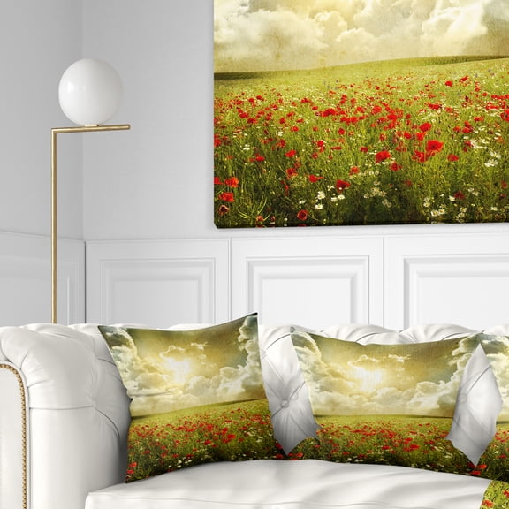 Designart Wild Poppies on Cloudy Background - Landscape Printed Throw Pillow - 16x16