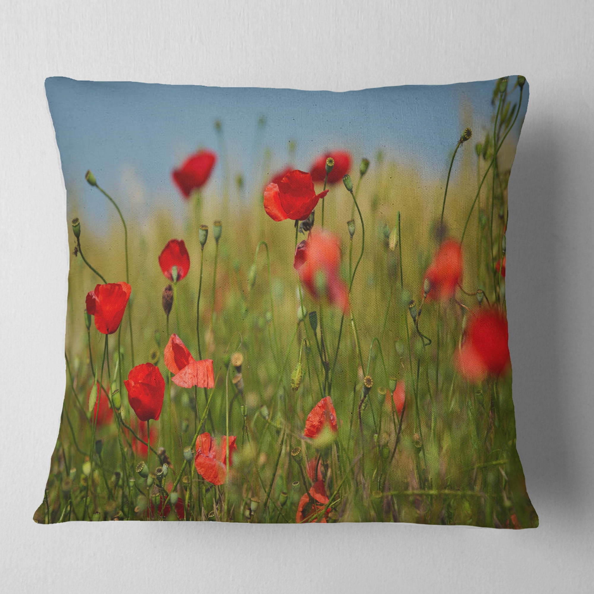 Designart Wild Poppy Flowers in Green Garden - Floral Throw Pillow - 16x16