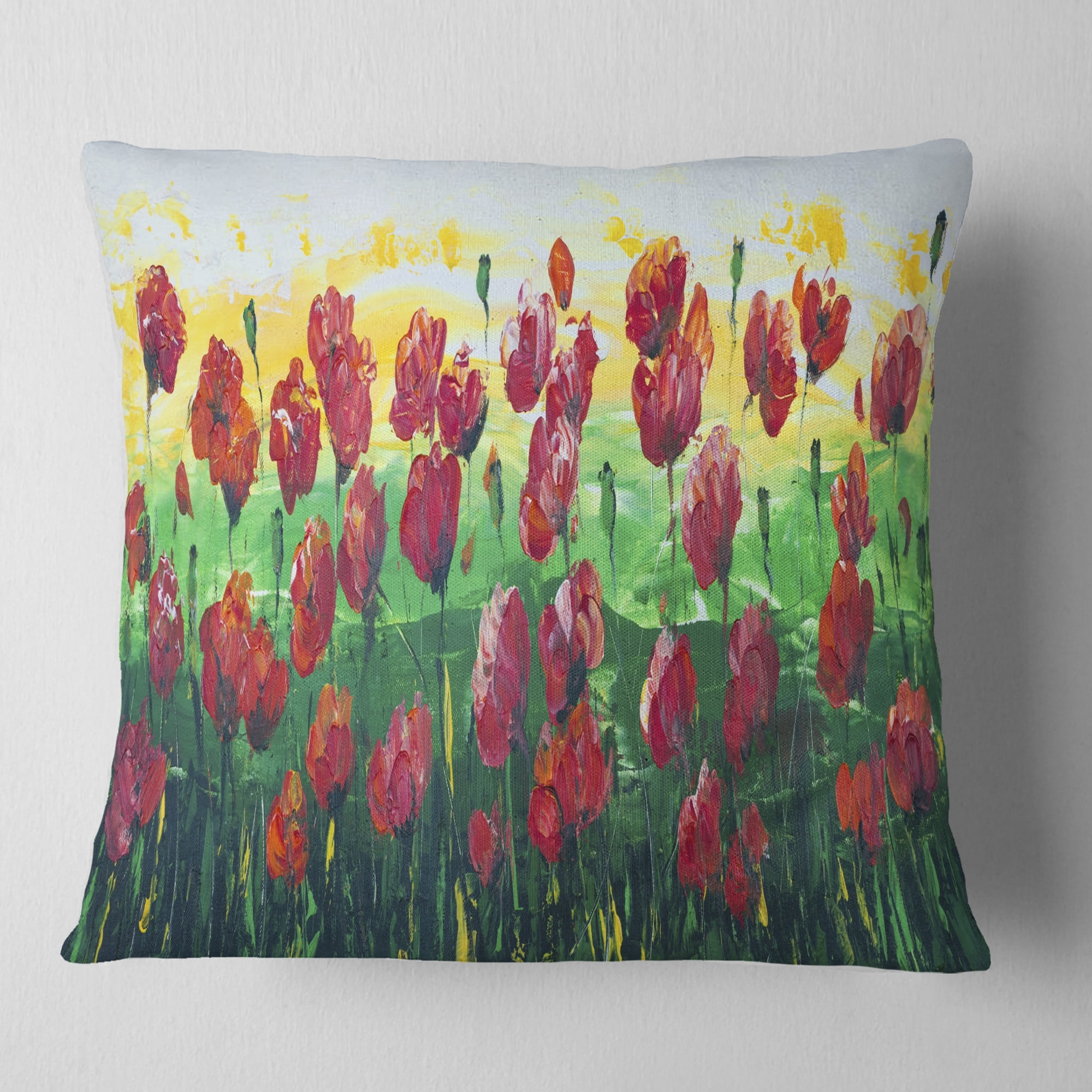 Designart Wild Red Poppies Field Panorama - Modern Landscape Printed Throw Pillow - 16x16