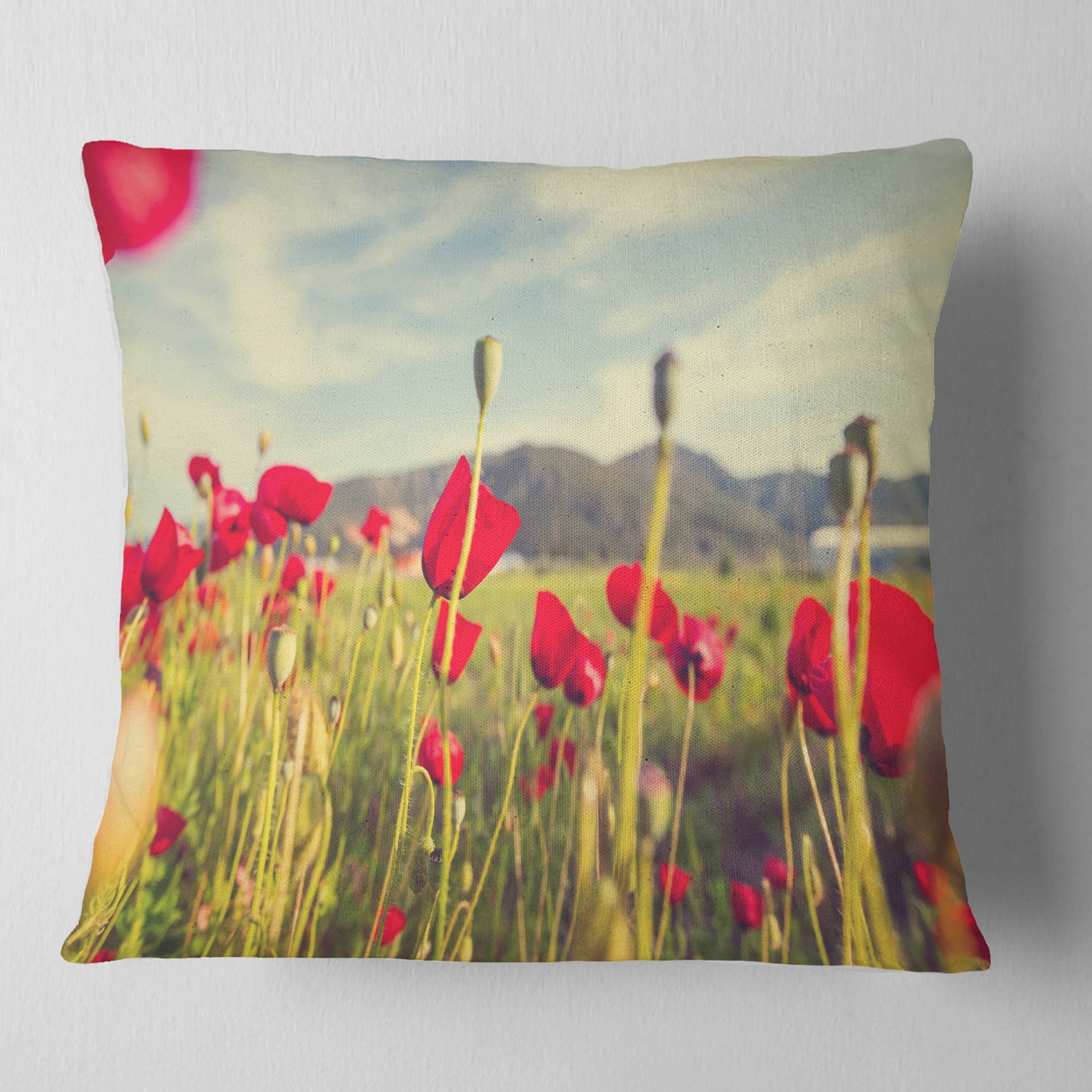 Designart Wild Red Poppy Flowers in Field - Flower Throw Pillow - 18x18