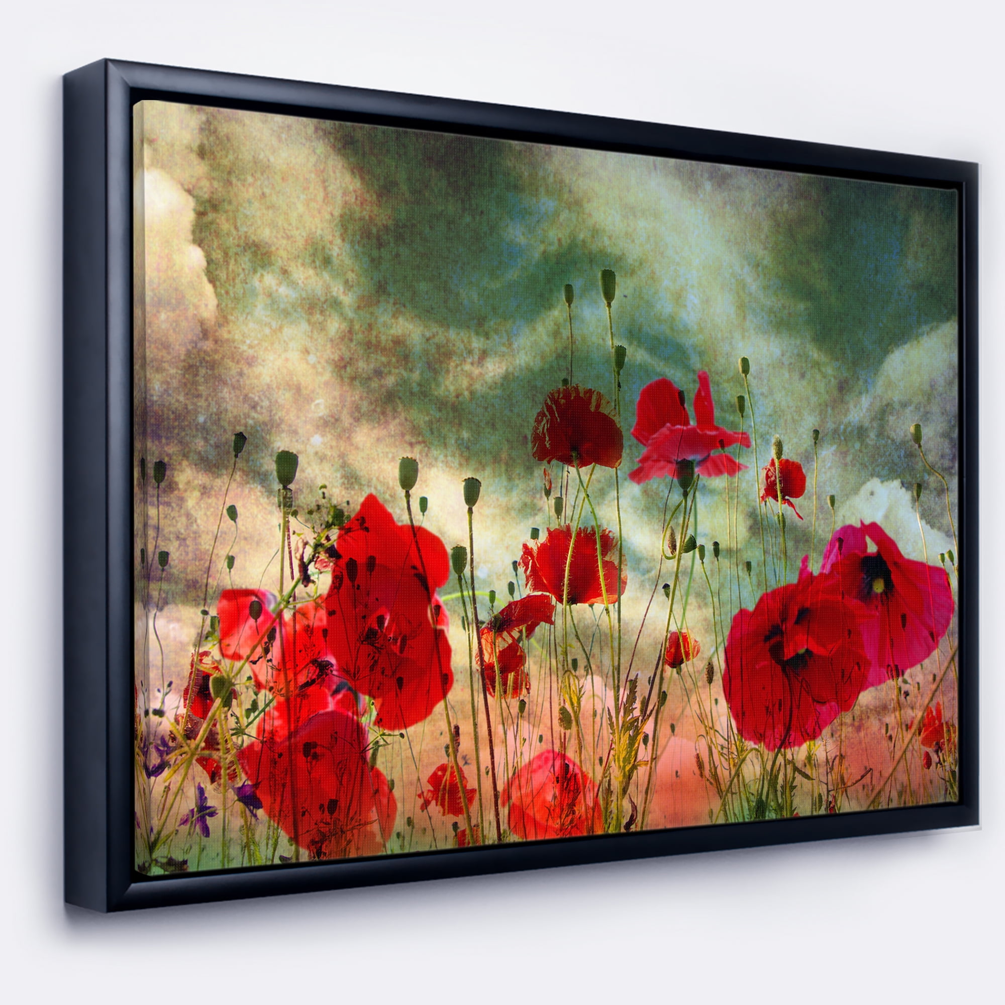 Designart ' Wild Red Poppy Flowers in Sky ' Floral Framed Canvas Art Print