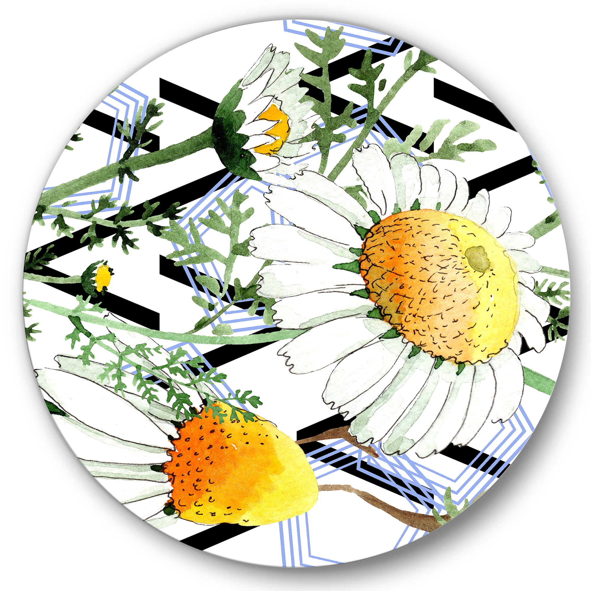 Designart 'Wild Spring Chamomile Flowers On Geometric Lines' Traditional Circle Metal Wall Art 29x29 - Disc of 29