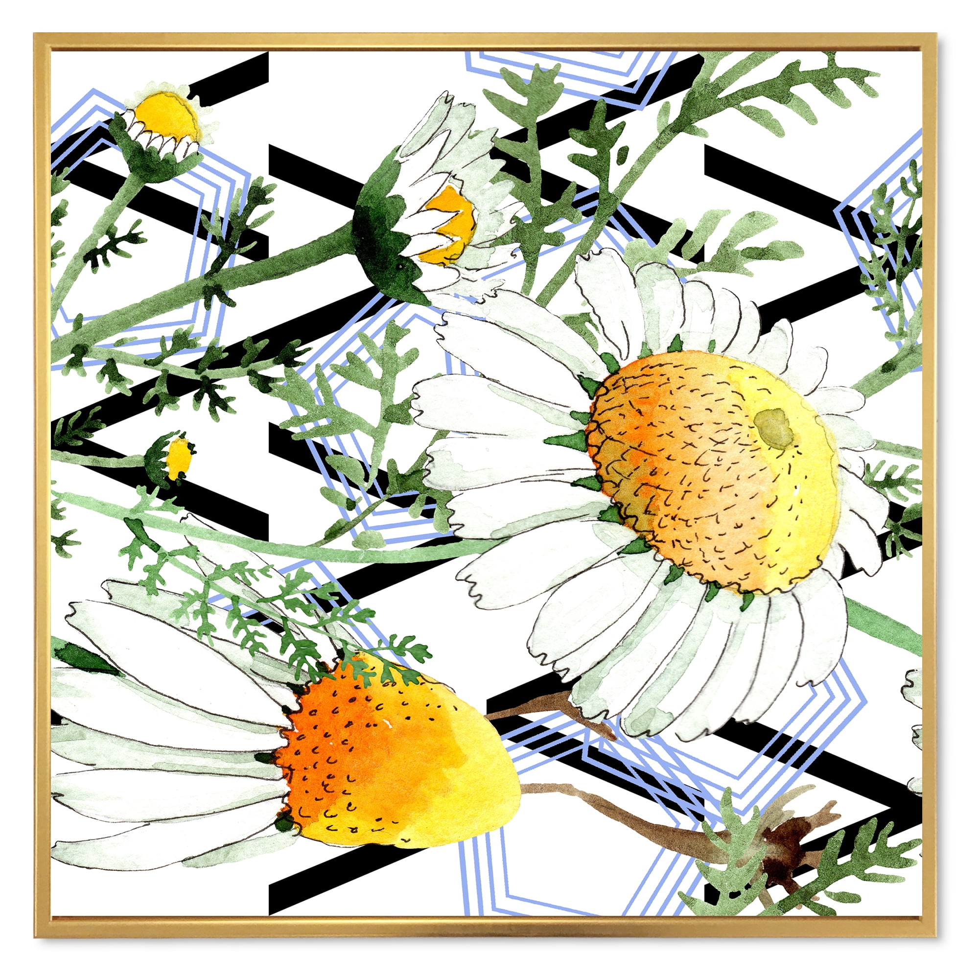 Designart 'Wild Spring Chamomile Flowers On Geometric Lines' Traditional Framed Canvas Wall Art Print