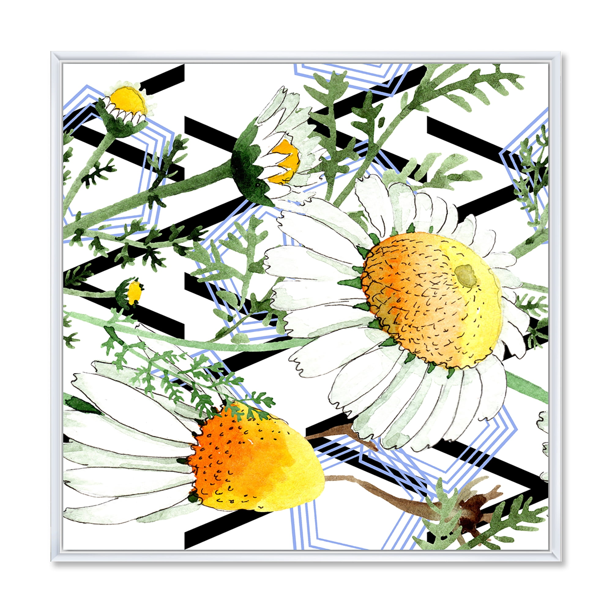 Designart 'Wild Spring Chamomile Flowers On Geometric Lines' Traditional Framed Canvas Wall Art Print