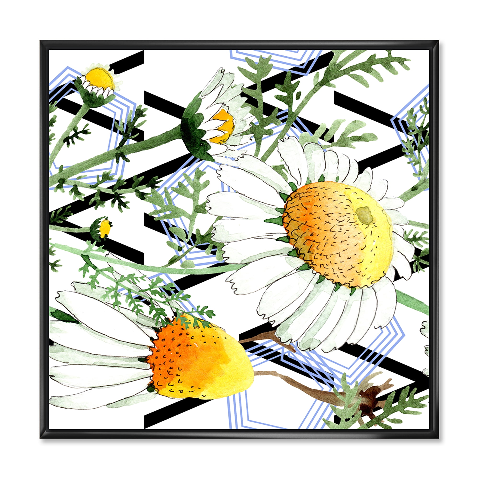 Designart 'Wild Spring Chamomile Flowers On Geometric Lines' Traditional Framed Canvas Wall Art Print