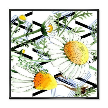 Designart 'Wild Spring Chamomile Flowers On Geometric Lines' Traditional Framed Canvas Wall Art Print
