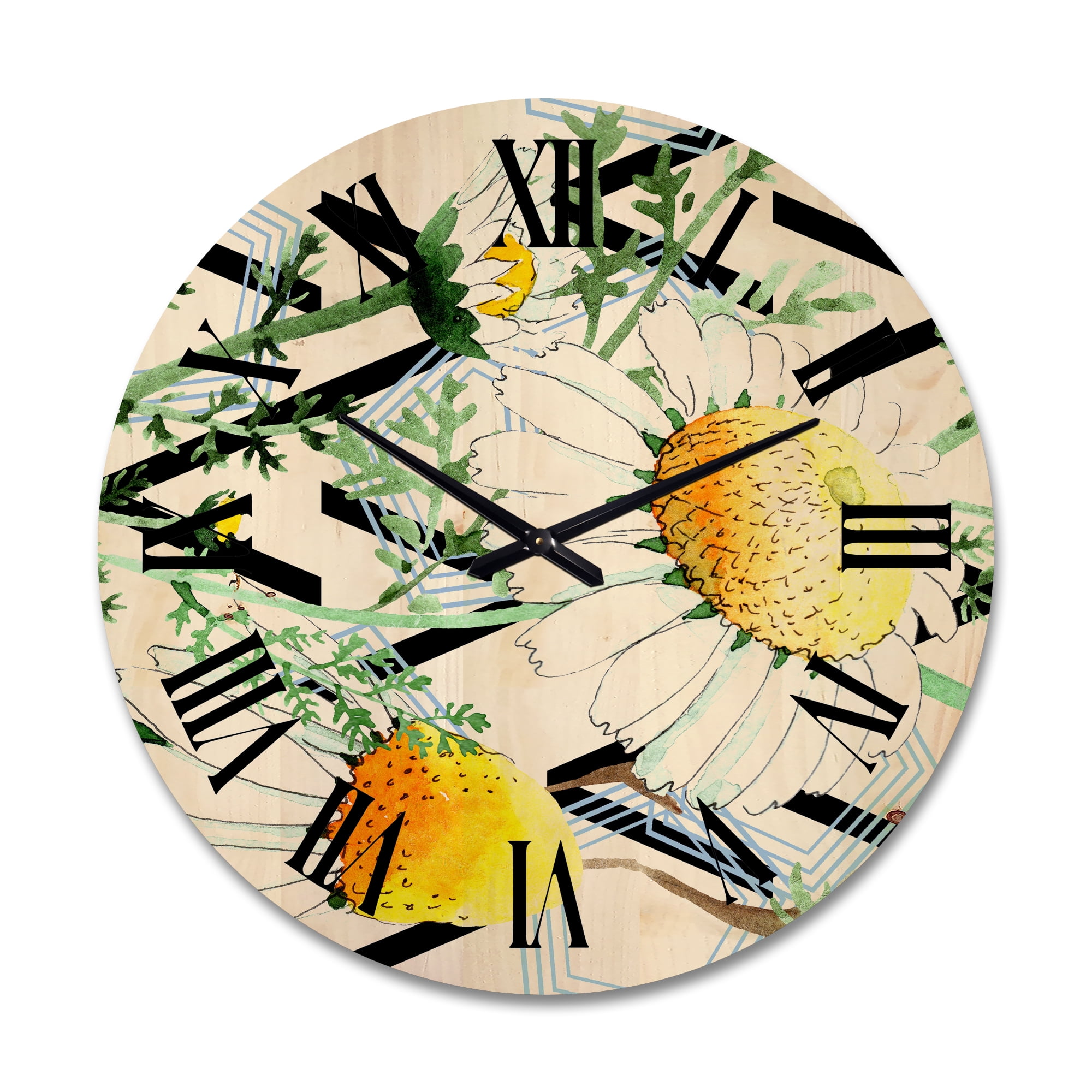 Designart 'Wild Spring Chamomile Flowers On Geometric Lines' Traditional Wood Wall Clock