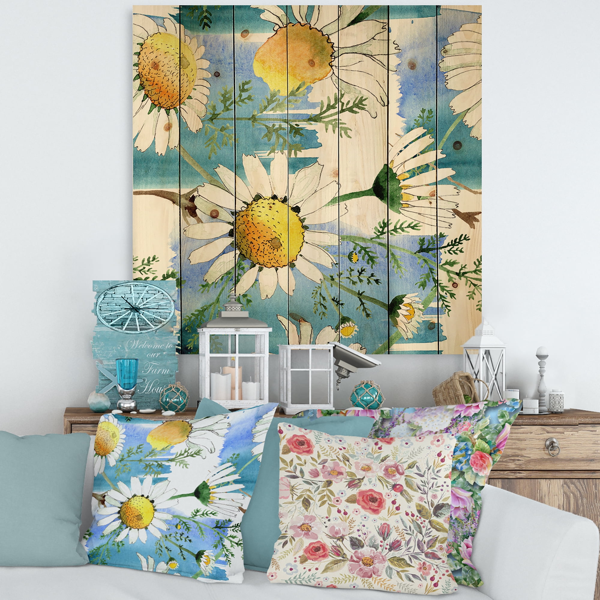 Designart 'Wild Spring White Chamomile Flowers' Traditional Print on Natural Pine Wood