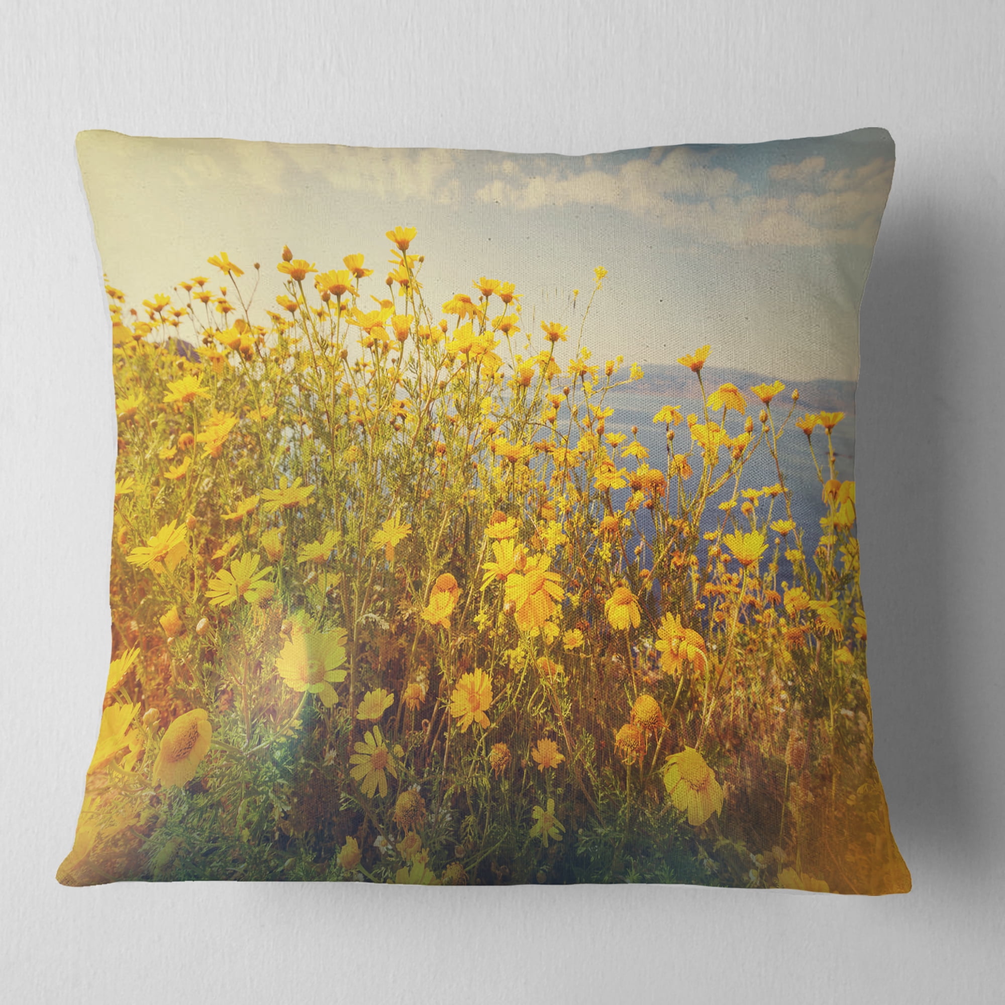 Designart Wild Yellow Flowers Meadow - Floral Throw Pillow - 16x16