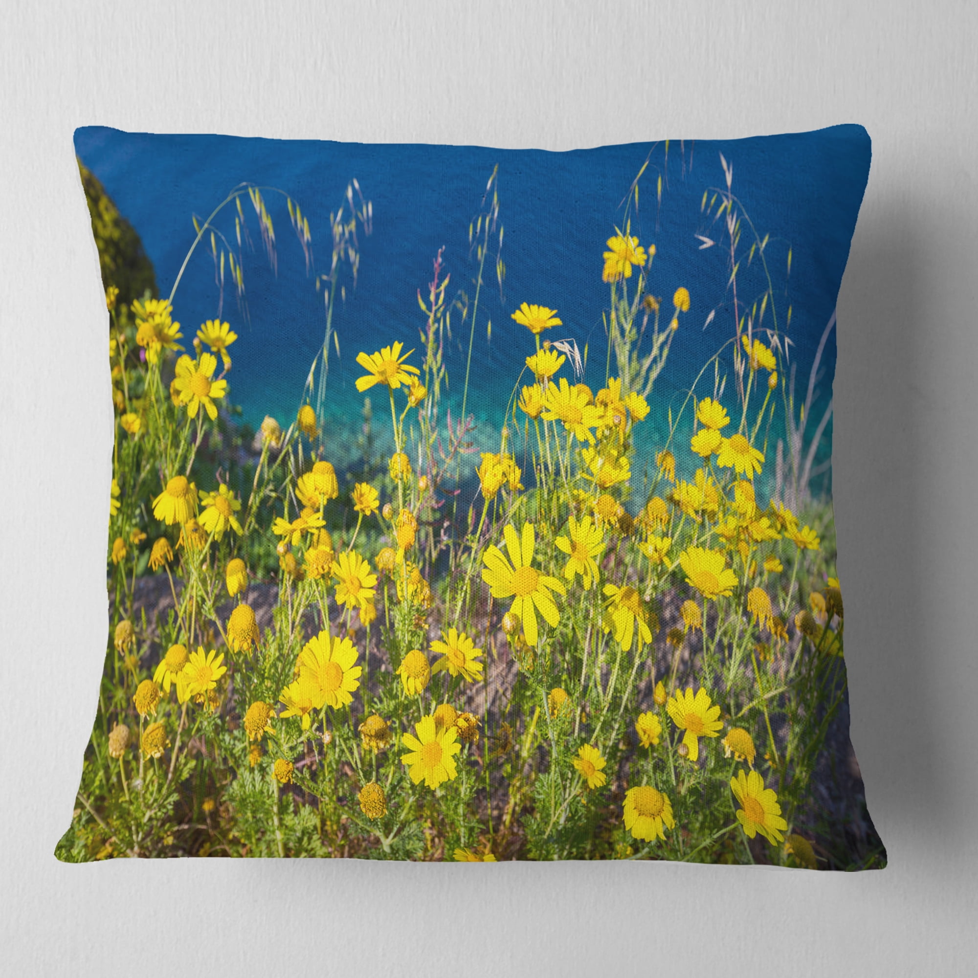 Designart Wild Yellow Flowers over Sea Coast - Flower Throw Pillow - 18x18