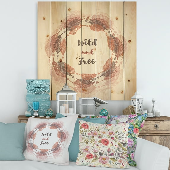 Designart 'Wild and Free Feather Wreath In Boho Style' Bohemian & Eclectic Print on Natural Pine Wood