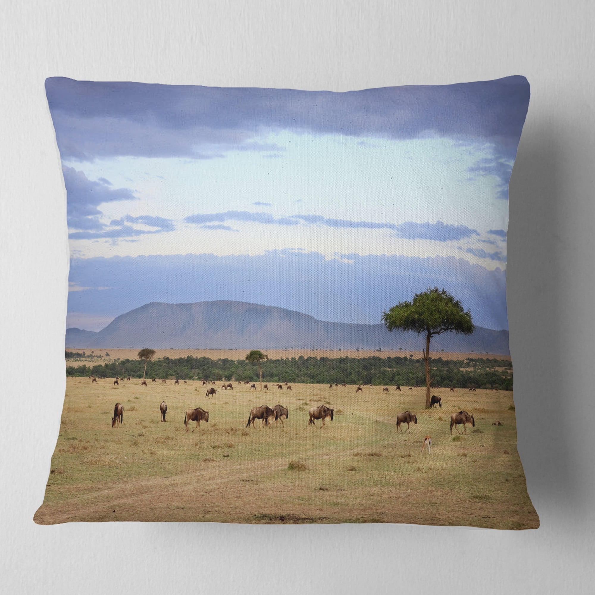 Designart Wildebeest Herd in Masai Mara - African Landscape Printed Throw Pillow - 16x16