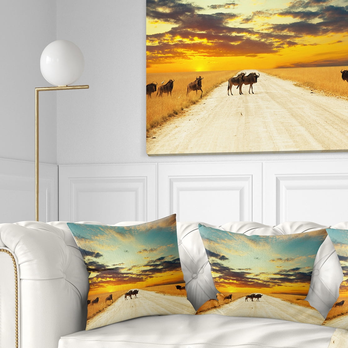 Designart Wildebeests Crossing Path in Evening - African Landscape Printed Throw Pillow - 16x16