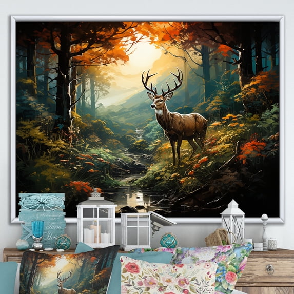 Designart "Wilderness Encounter Deer in Green and Brown" Animals Framed Wall Art - Modern Farmhouse Green Deer Landscape Bedroom Framed Canvas Wall Art