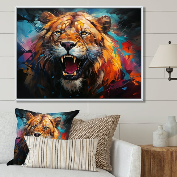Designart "Wilderness Futurist Lion Futuristic wall art" Animals Floater Framed Wall Art Living Room