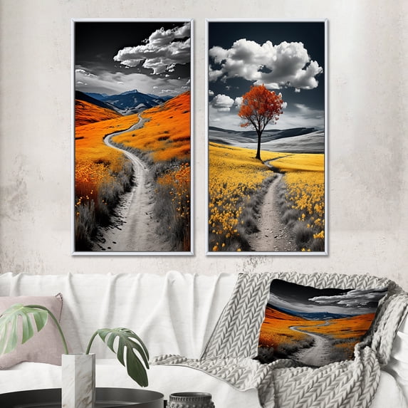 Designart "Wilderness Road The Uncharted Path I" Road Framed Wall Art Set Of 2 - Orange Landscapes Framed Wall Art Set Of 2