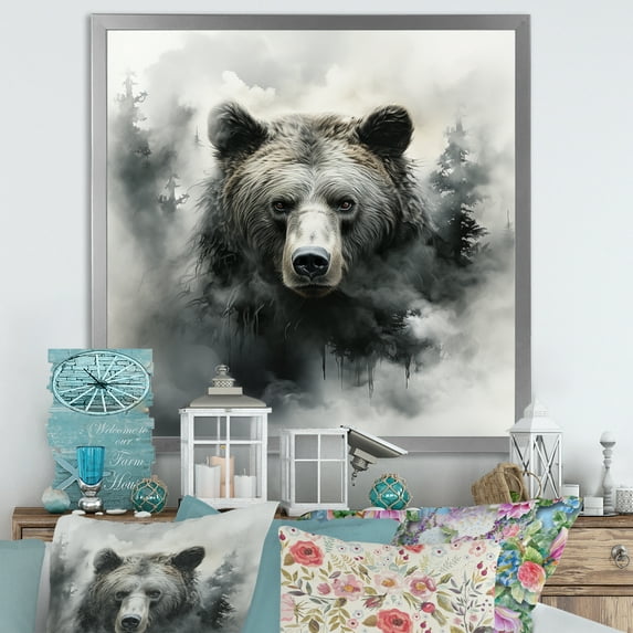 Designart "Wilderness of Wandering Grizzly Bear I" Animals Framed Wall Art Decor - Modern Black Bear Living Room Framed Canvas Art