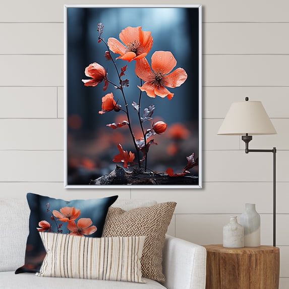 Designart "Wildfire Poppy Red and Blue Flowers" Floral & Botanical Floater Framed Canvas Art Print