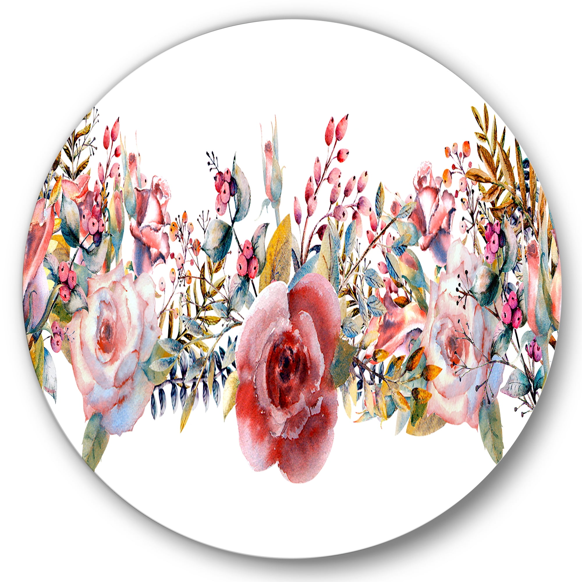 Designart 'Wildflower and Pink Roses' Farmhouse Circle Metal Wall Art 29x29 - Disc of 29