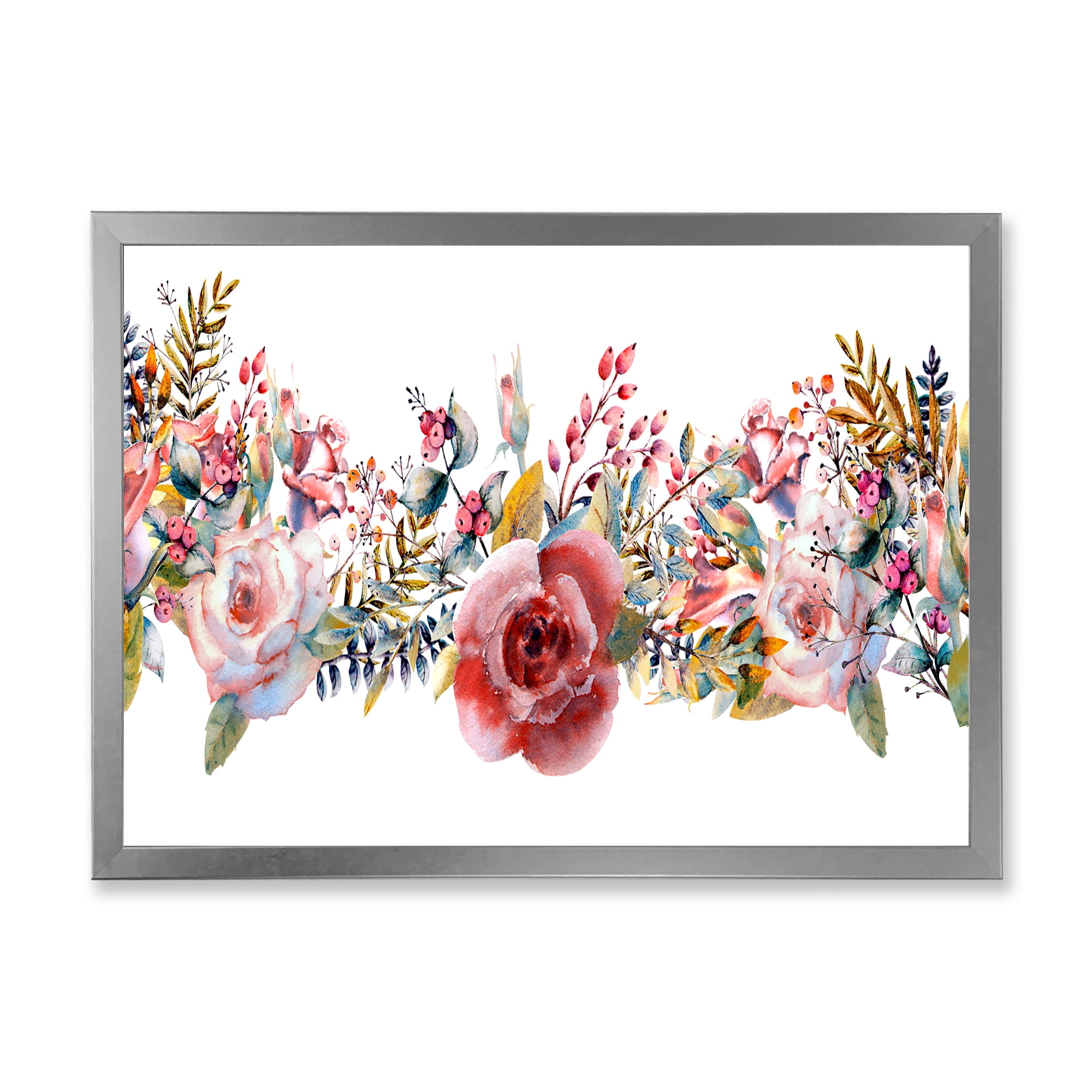 Designart 'Wildflower and Pink Roses' Farmhouse Framed Art Print