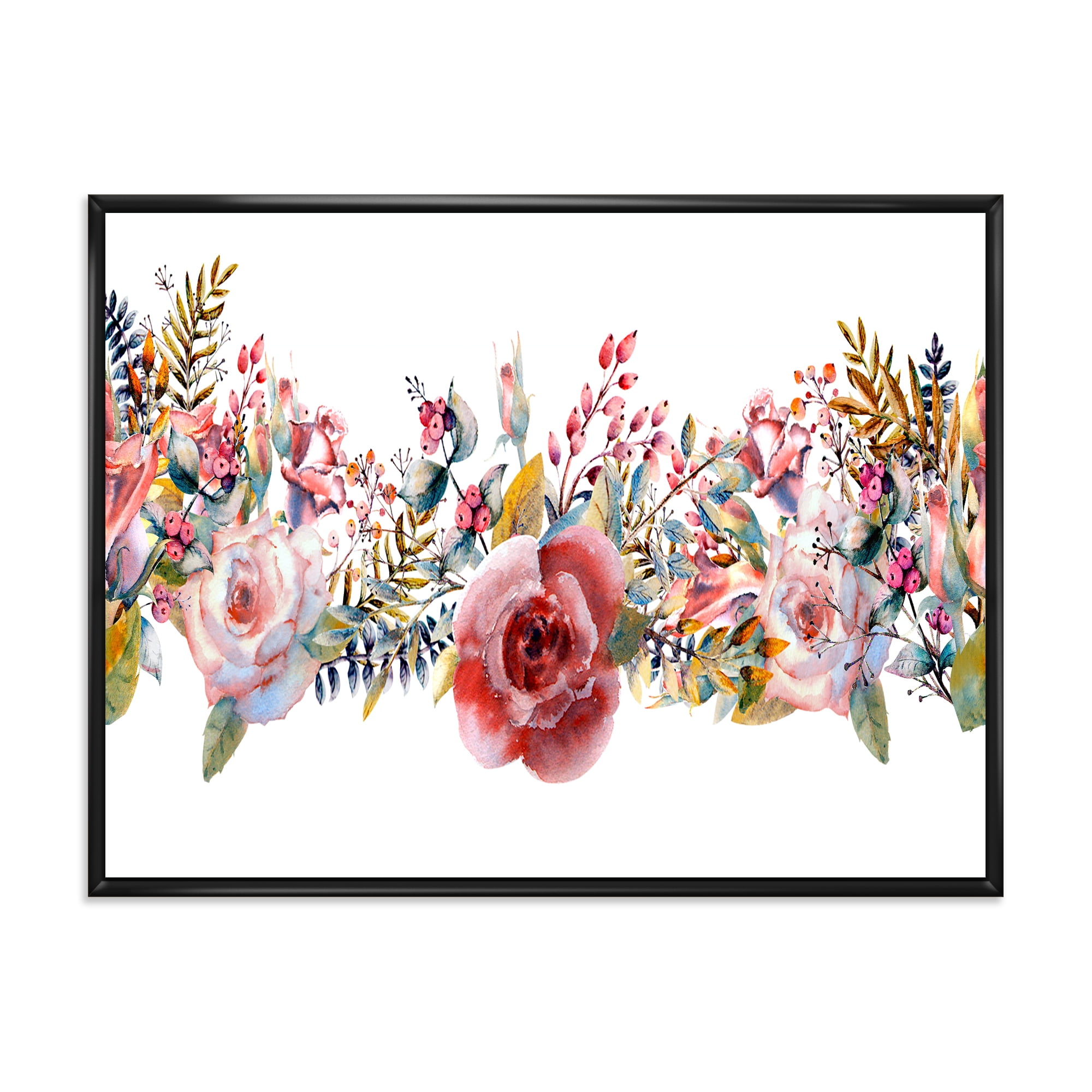 Designart 'Wildflower and Pink Roses' Farmhouse Framed Canvas Wall Art Print