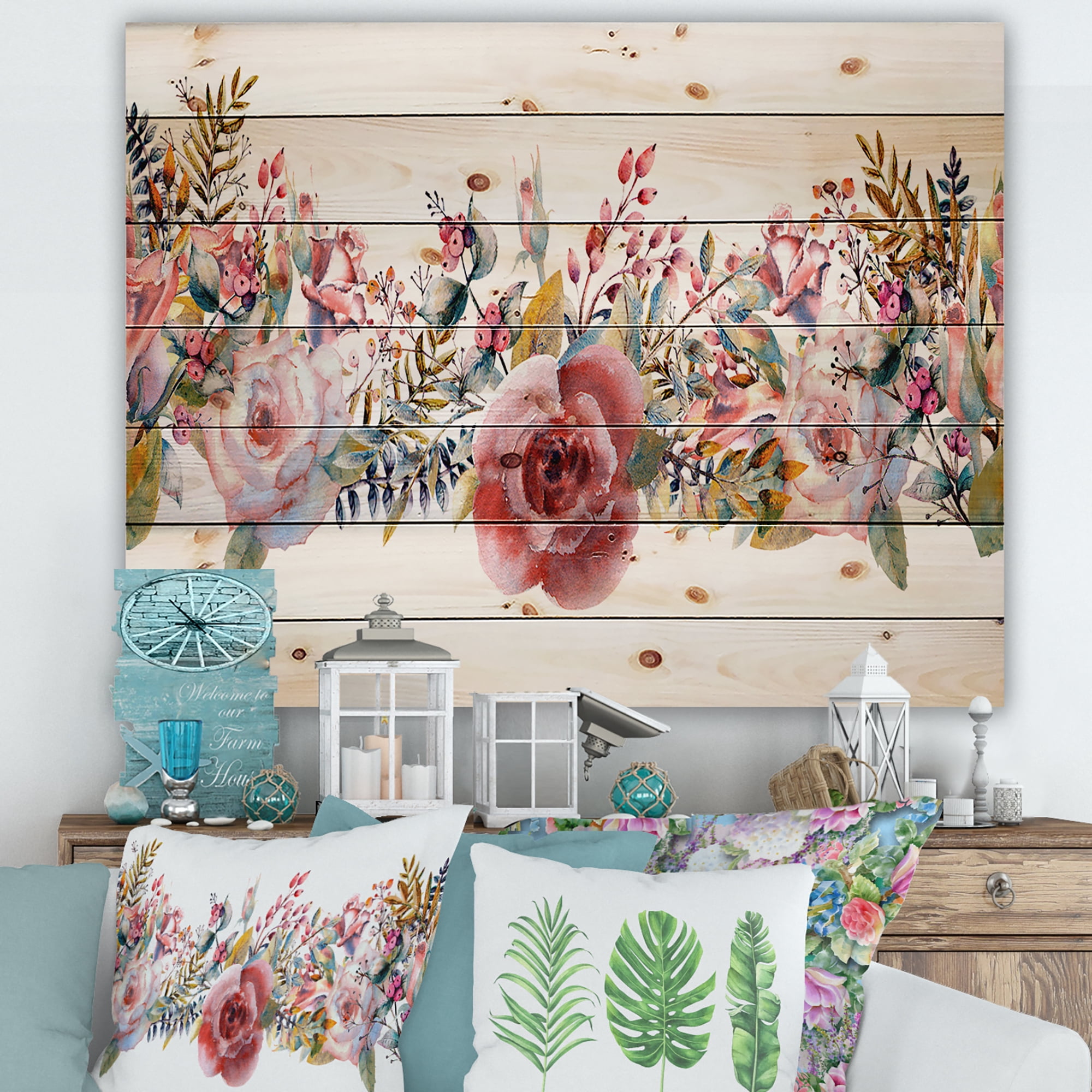 Designart 'Wildflower and Pink Roses' Farmhouse Print on Natural Pine Wood