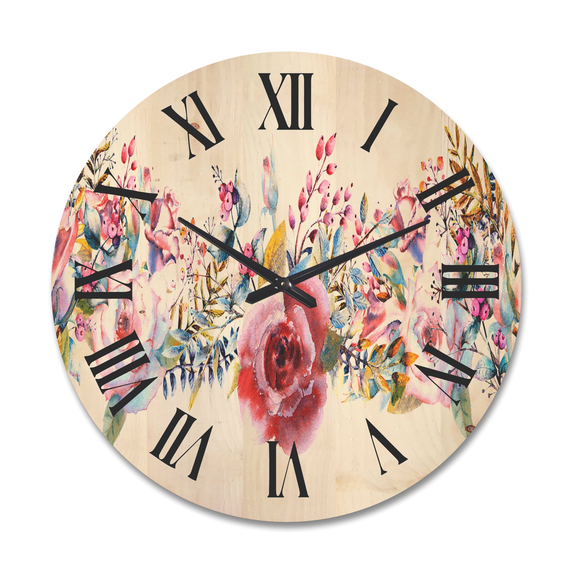 Designart 'Wildflower and Pink Roses' Farmhouse Wood Wall Clock