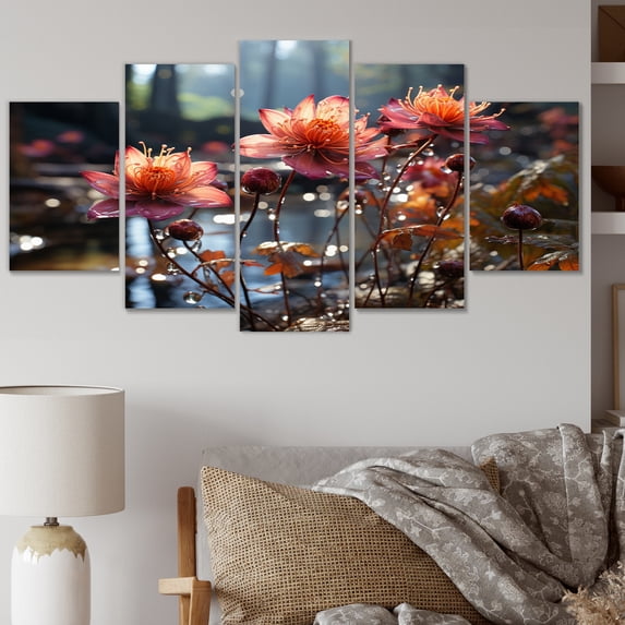 Designart "Wildflower by the River in Coral and Orange II" Floral Metal Art Print Set