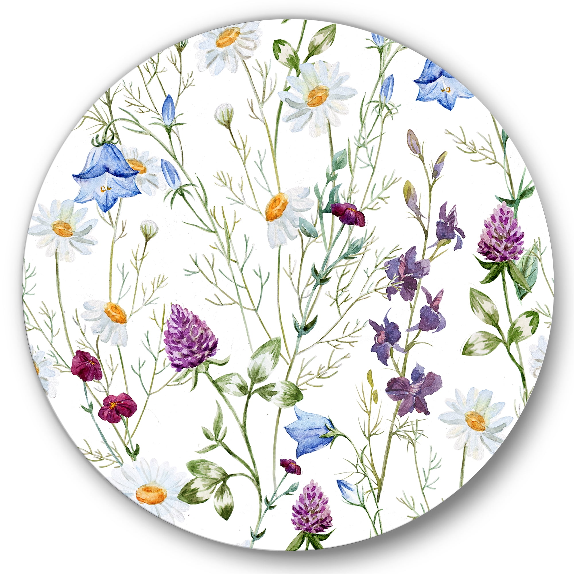Designart 'Wildflowers Clover Bell and Chamomile I' Traditional Circle Metal Wall Art 36x36 - Disc of 36