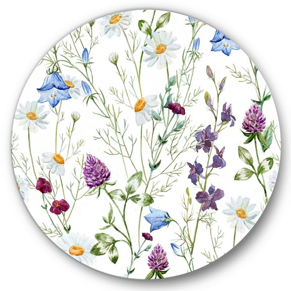 Designart 'Wildflowers Clover Bell and Chamomile I' Traditional Circle Metal Wall Art 36x36 - Disc of 36