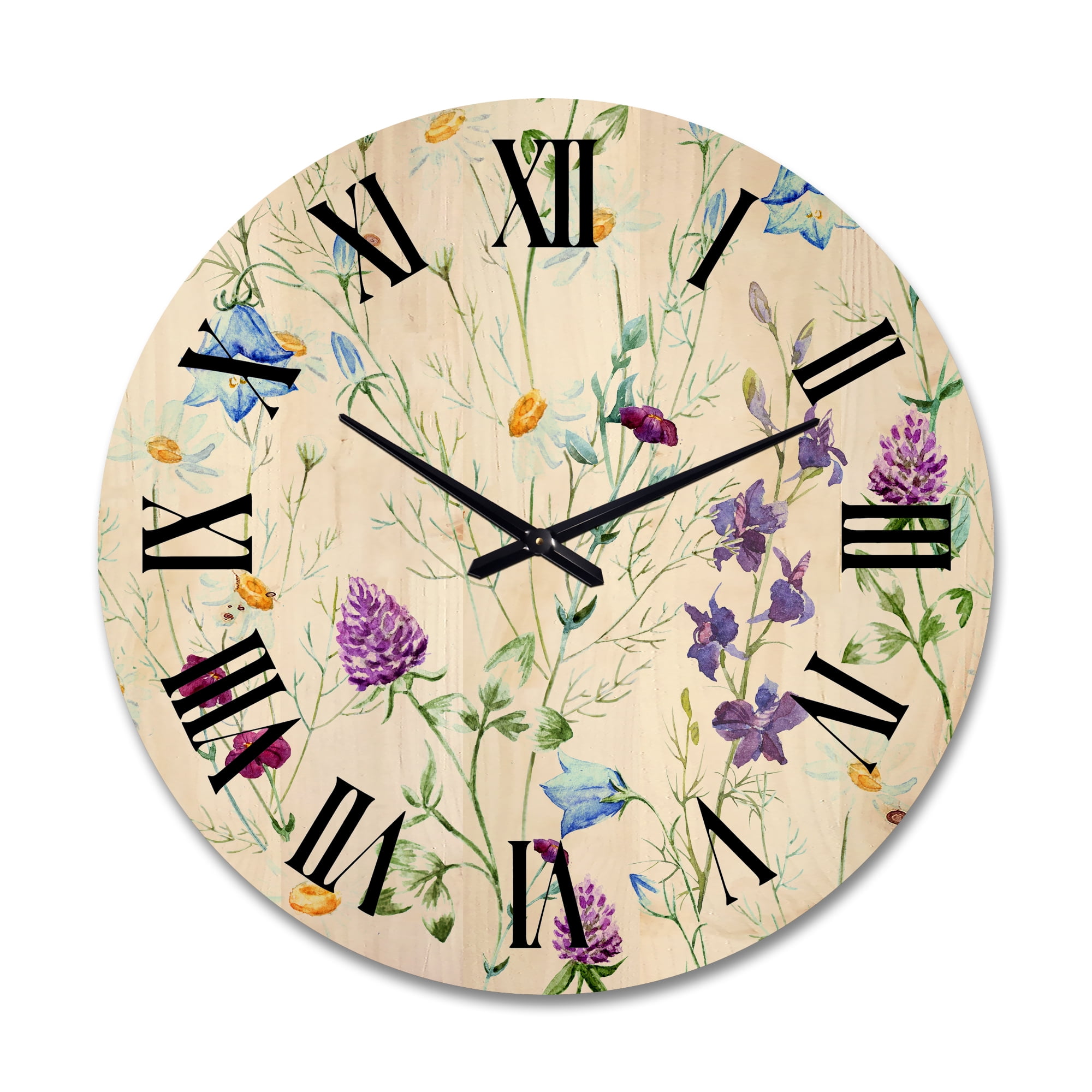 Designart 'Wildflowers Clover Bell and Chamomile I' Traditional Wood Wall Clock