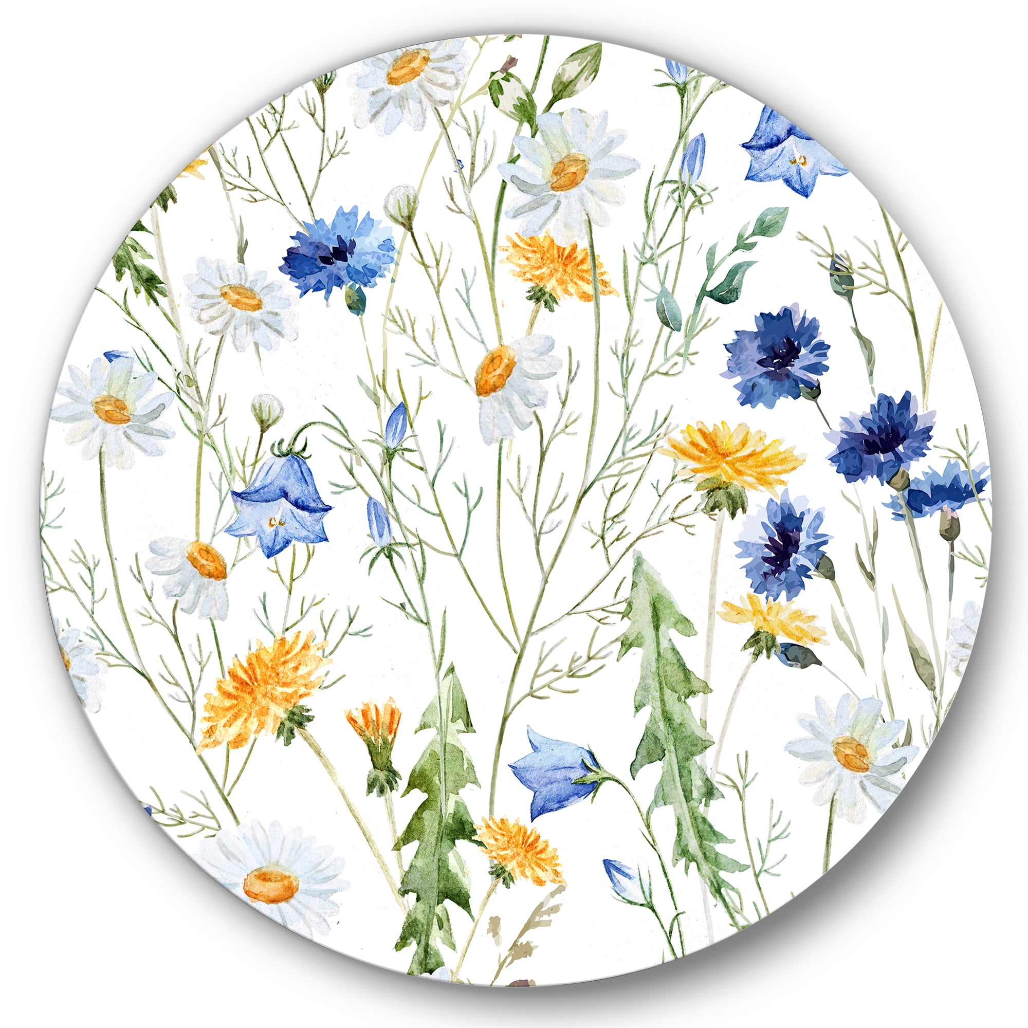 Designart 'Wildflowers Clover Bell and Chamomile II' Traditional Circle Metal Wall Art 36x36 - Disc of 36