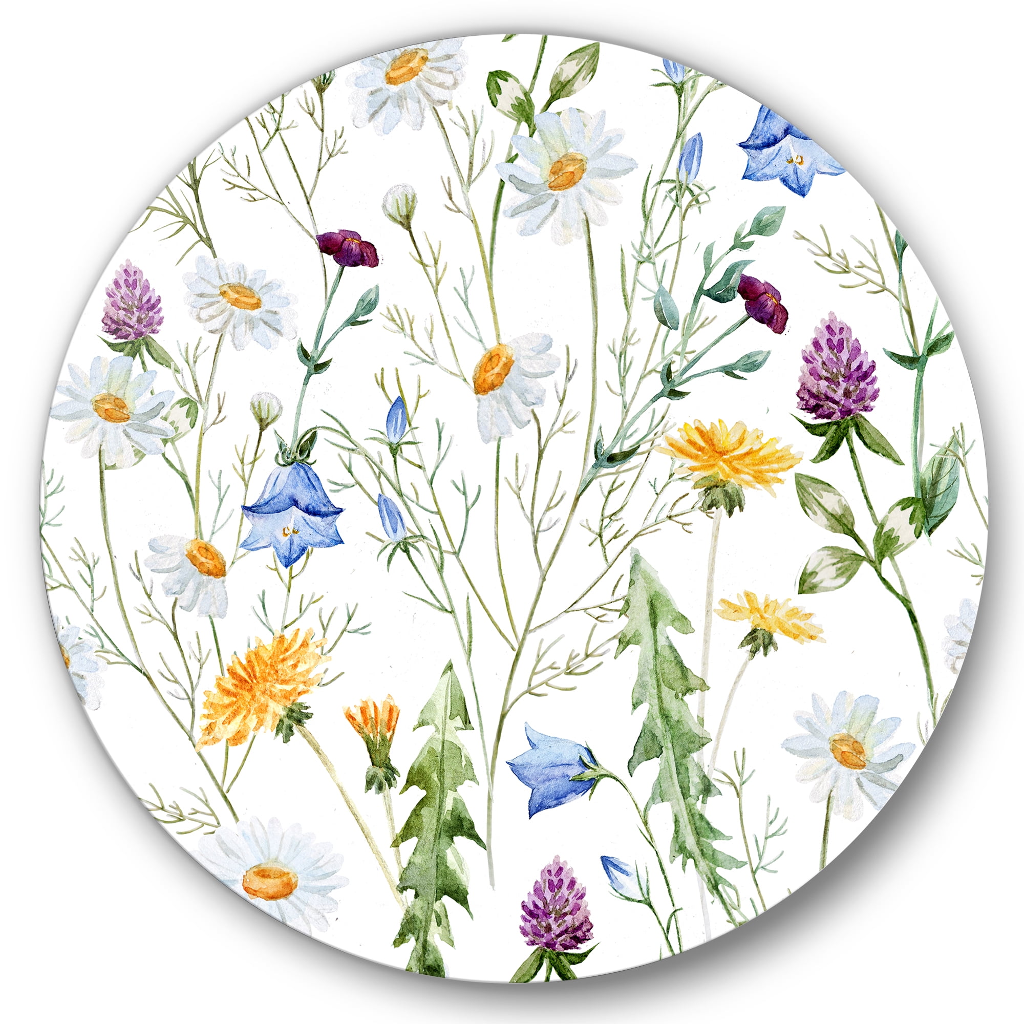 Designart 'Wildflowers Clover Bell and Chamomile III' Traditional Circle Metal Wall Art 11x11 - Disc of 11