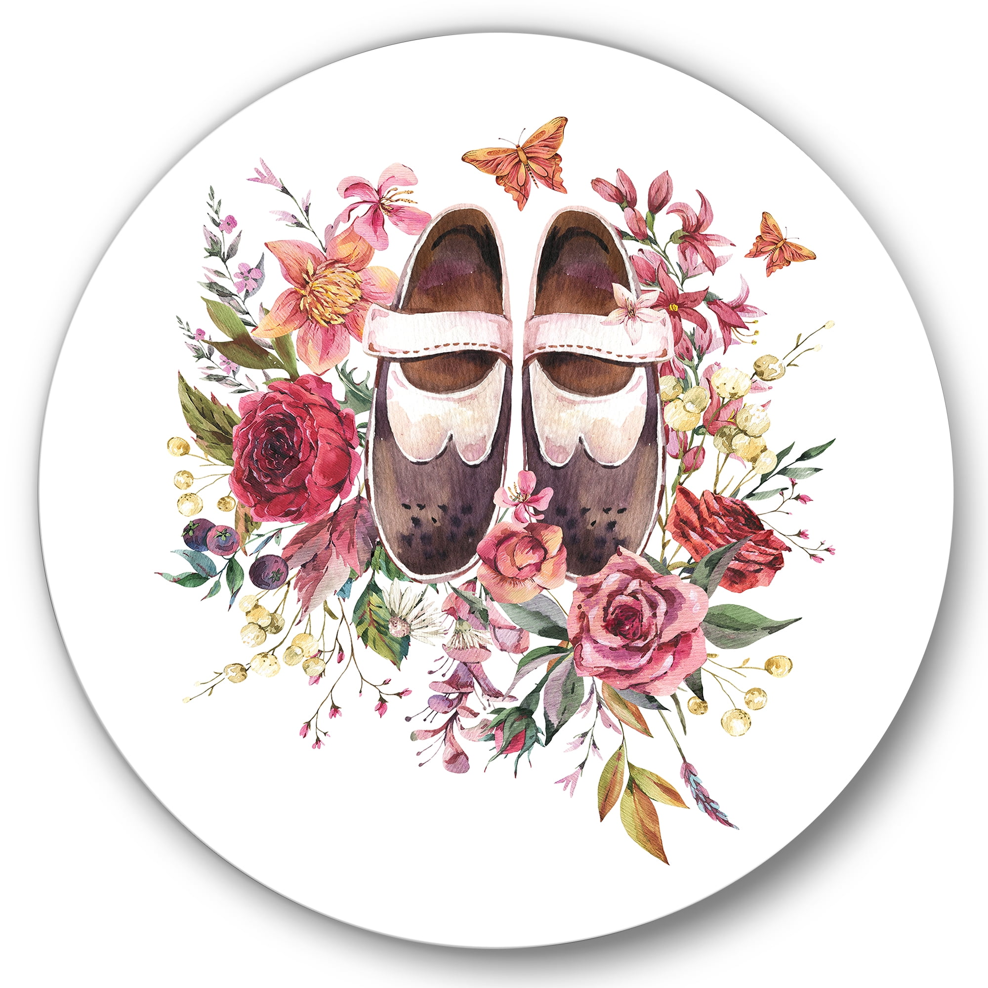Designart 'Wildflowers With Ancient Oxford Shoes' Farmhouse Circle Metal Wall Art 36x36 - Disc of 36