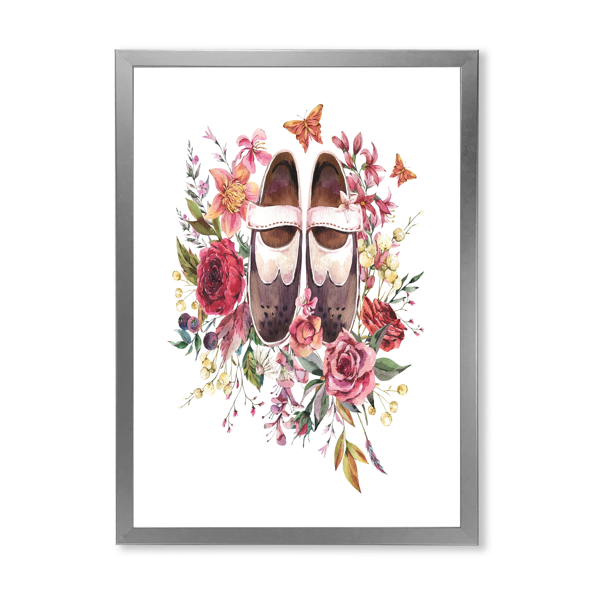 Designart 'Wildflowers With Ancient Oxford Shoes' Farmhouse Framed Art Print