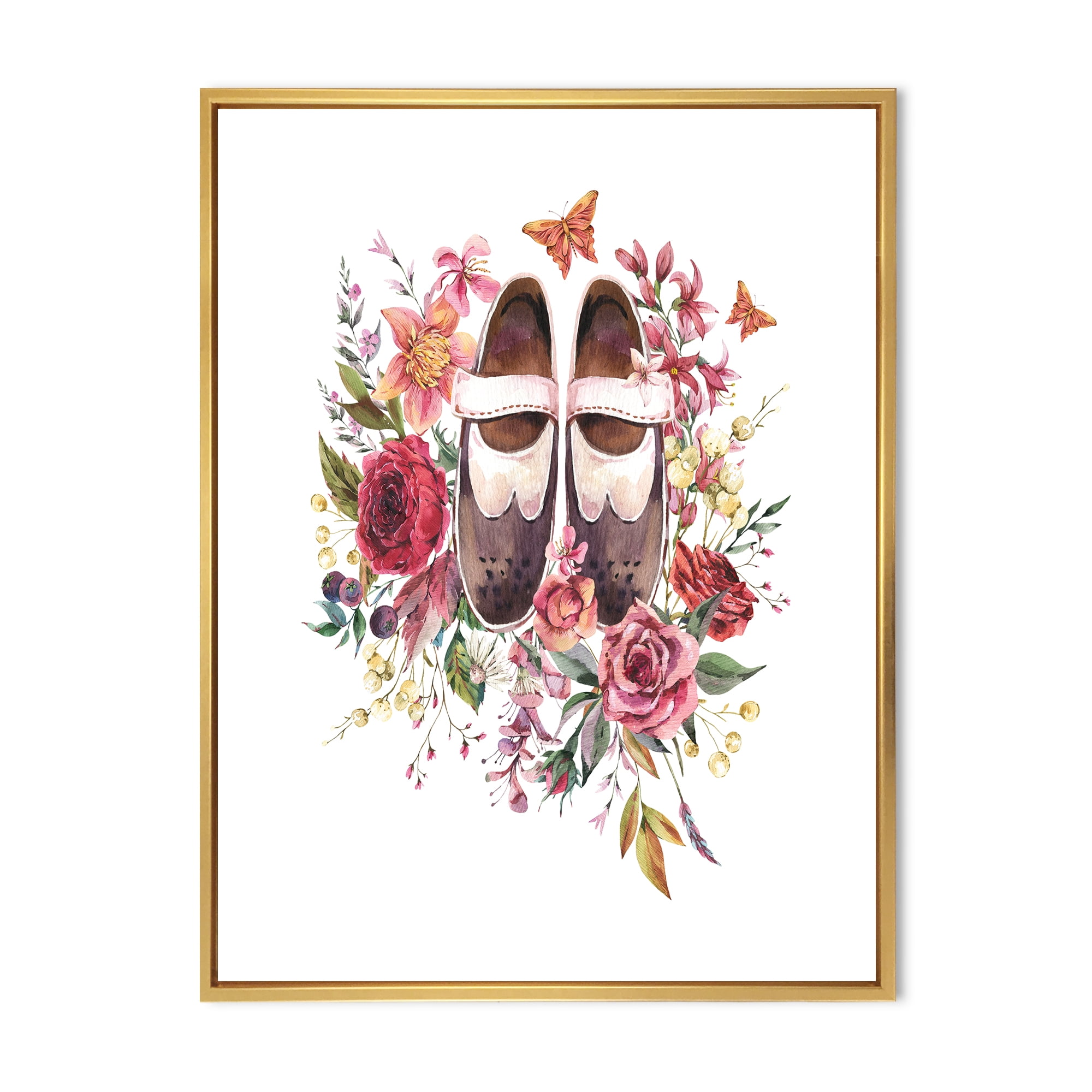 Designart 'Wildflowers With Ancient Oxford Shoes' Farmhouse Framed Canvas Wall Art Print