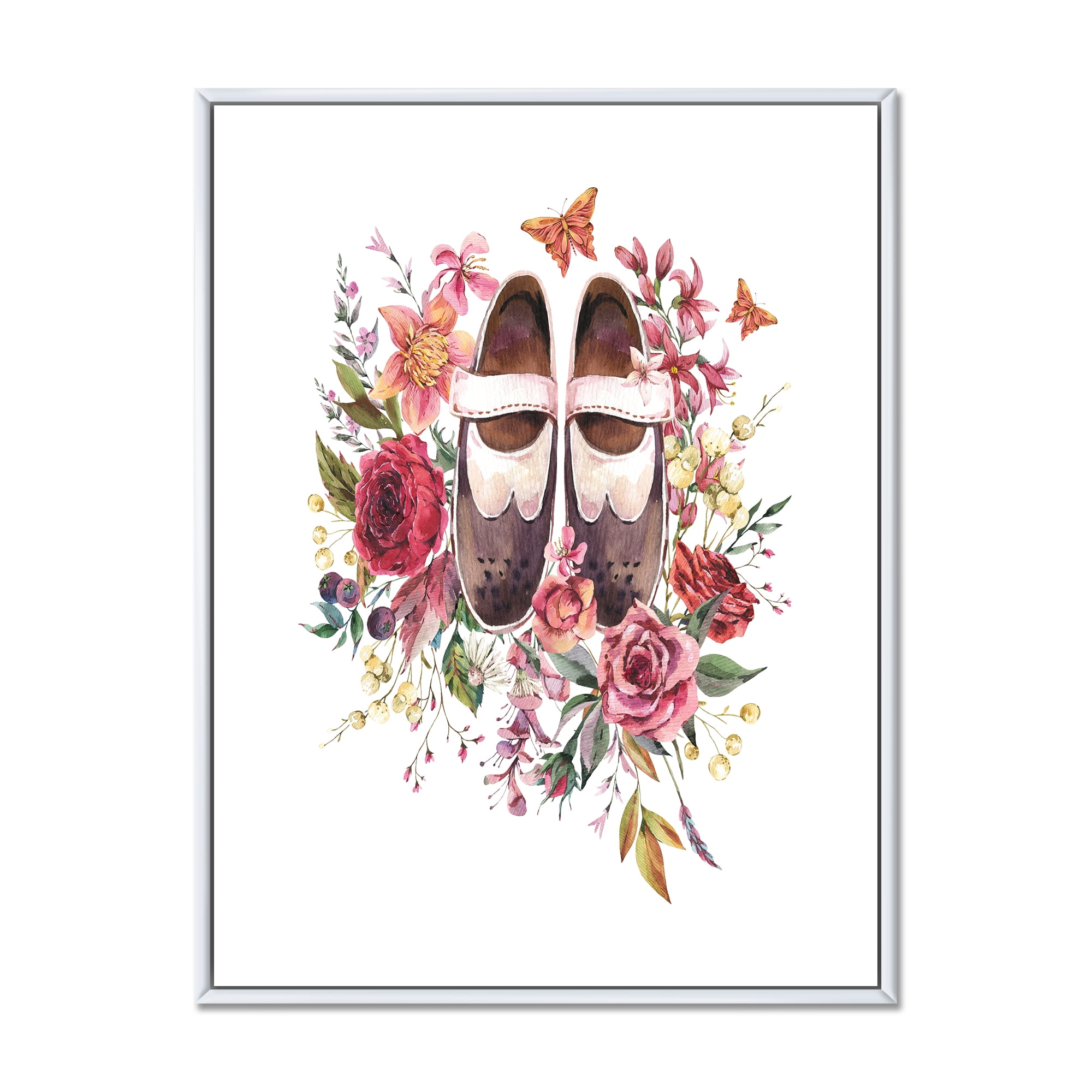 Designart 'Wildflowers With Ancient Oxford Shoes' Farmhouse Framed Canvas Wall Art Print