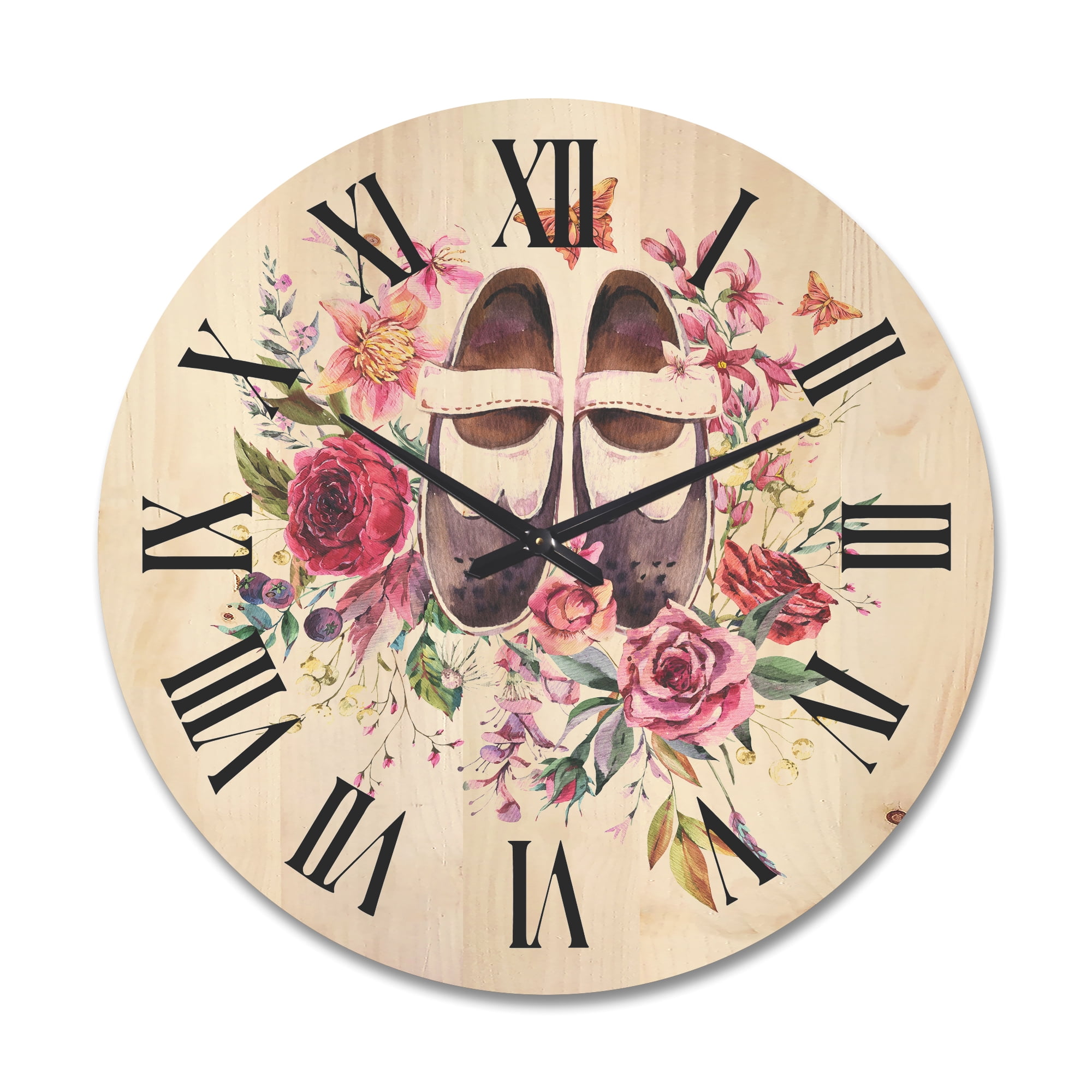 Designart 'Wildflowers With Ancient Oxford Shoes' Farmhouse Wood Wall Clock