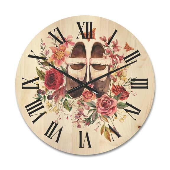 Designart 'Wildflowers With Ancient Oxford Shoes' Farmhouse Wood Wall Clock