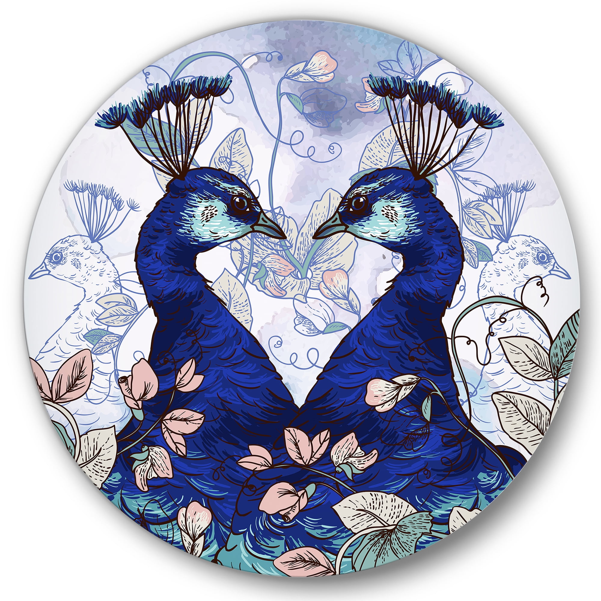 Designart 'Wildflowers With Two Blue Peacocks' Traditional Circle Metal Wall Art 29x29 - Disc of 29
