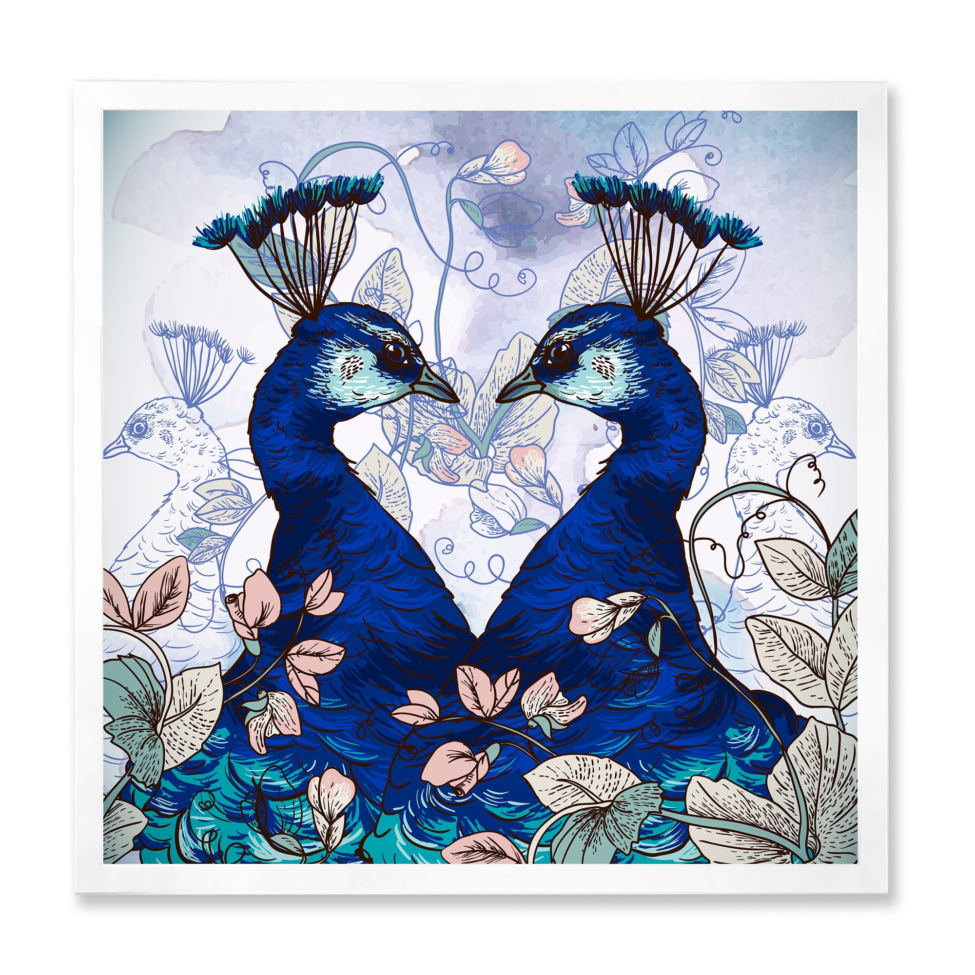Designart 'Wildflowers With Two Blue Peacocks' Traditional Framed Art Print