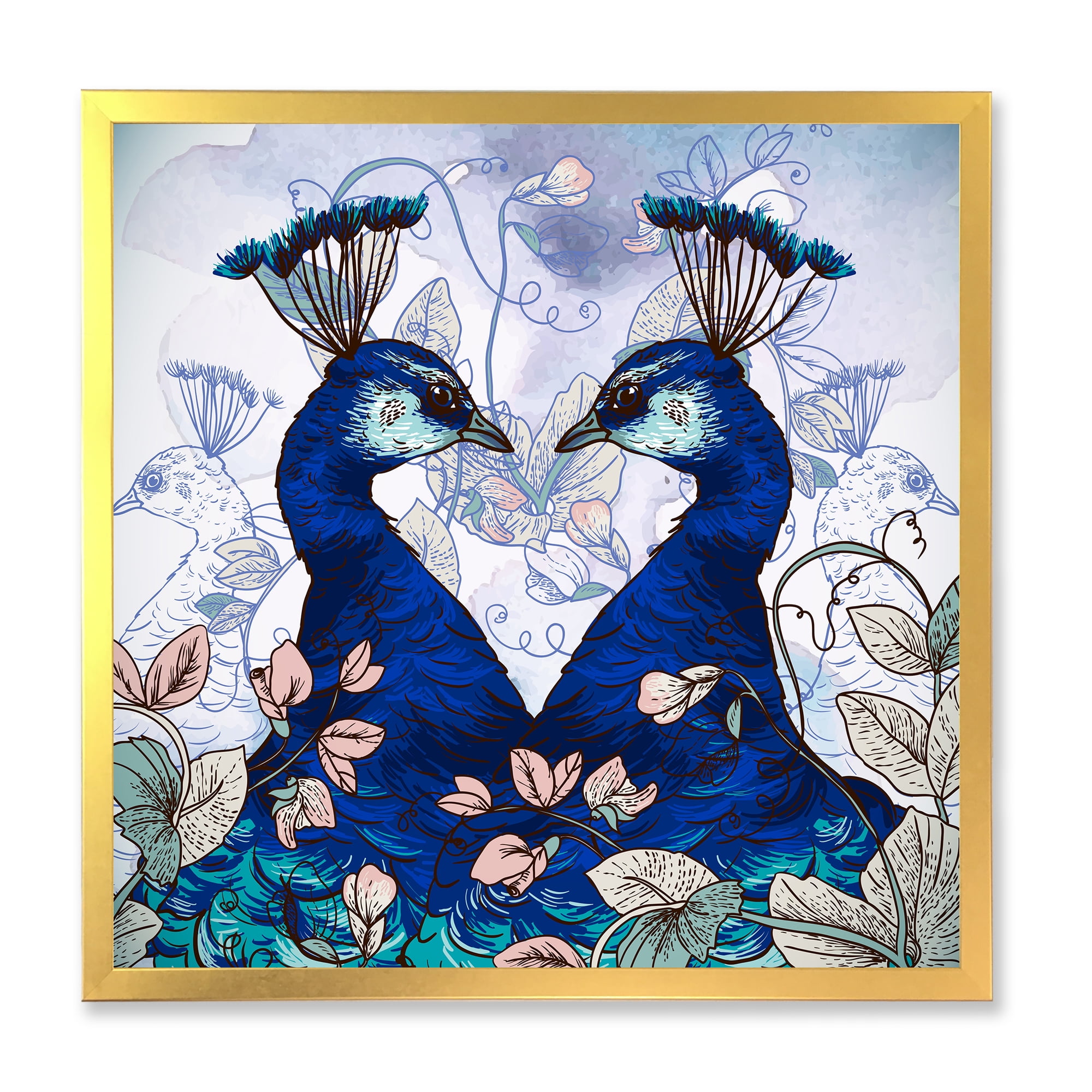 Designart 'Wildflowers With Two Blue Peacocks' Traditional Framed Art Print
