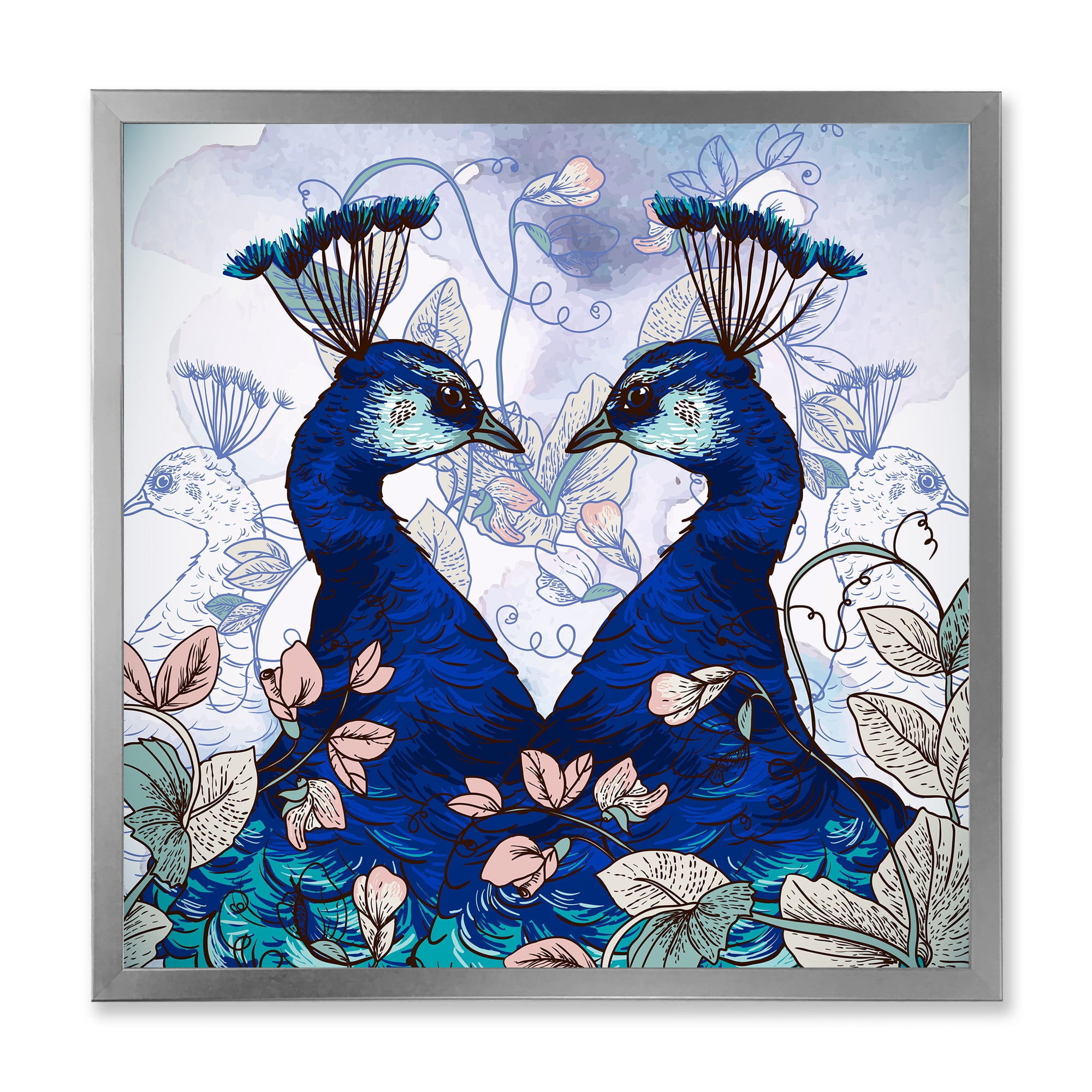 Designart 'Wildflowers With Two Blue Peacocks' Traditional Framed Art Print