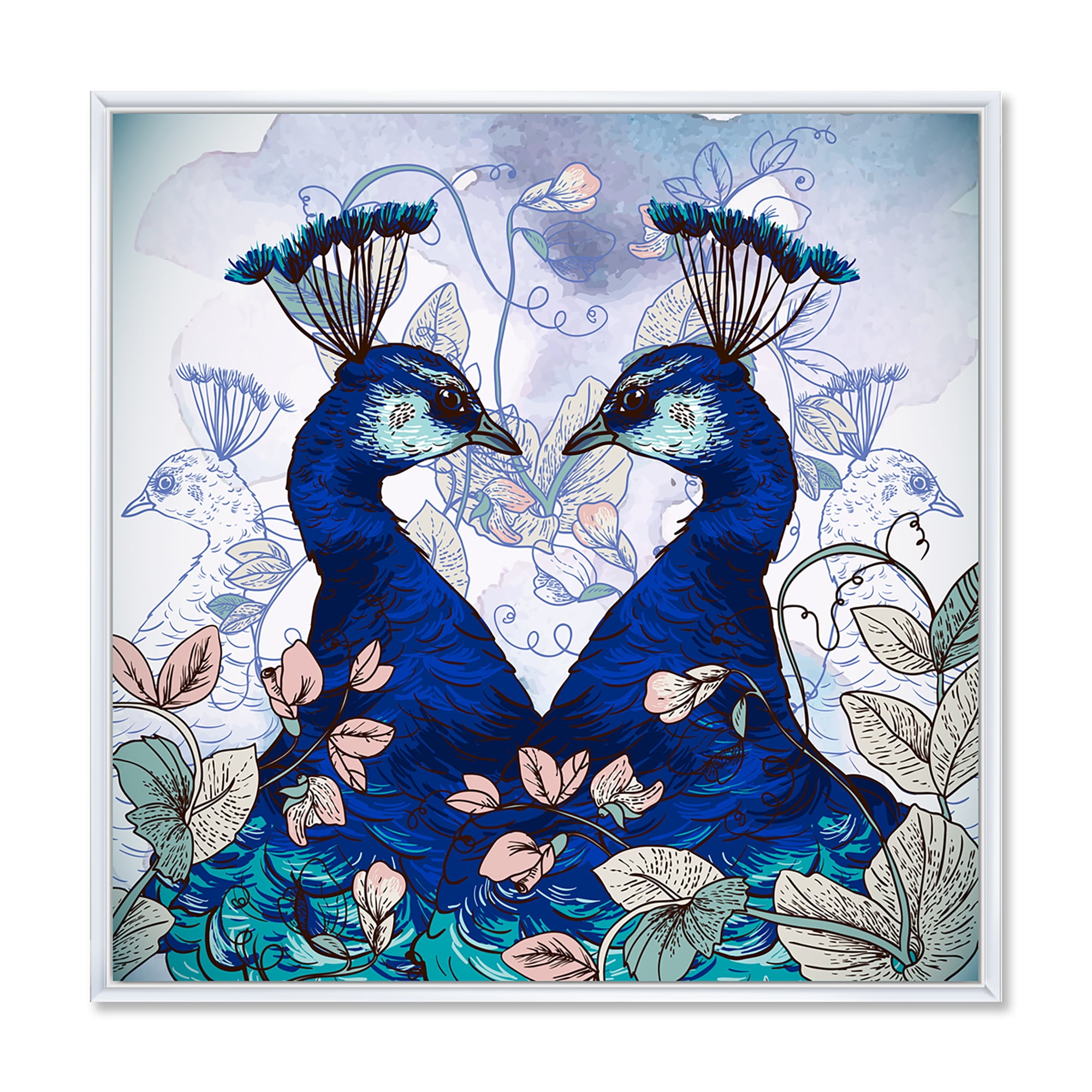 Designart 'Wildflowers With Two Blue Peacocks' Traditional Framed Canvas Wall Art Print