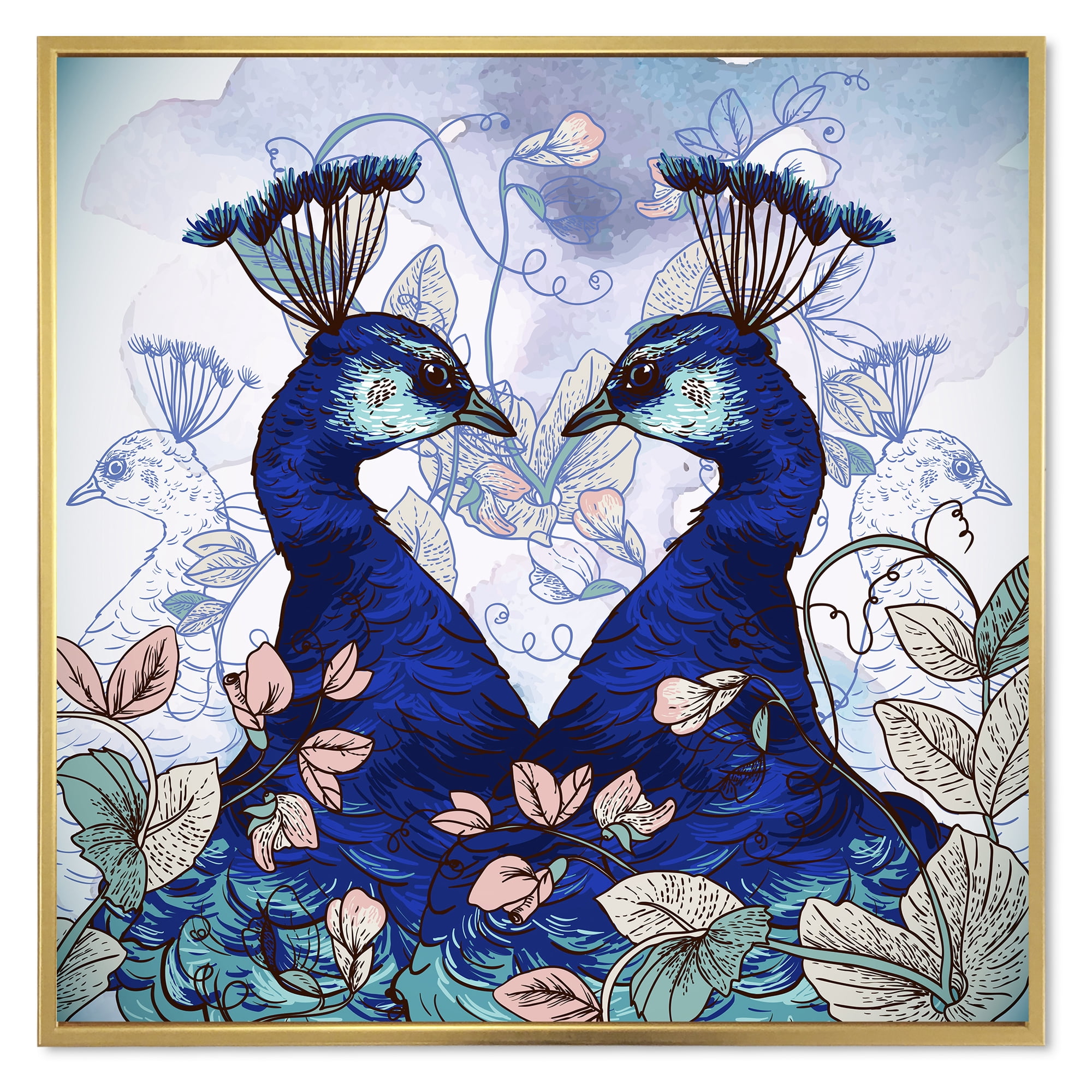 Designart 'Wildflowers With Two Blue Peacocks' Traditional Framed Canvas Wall Art Print