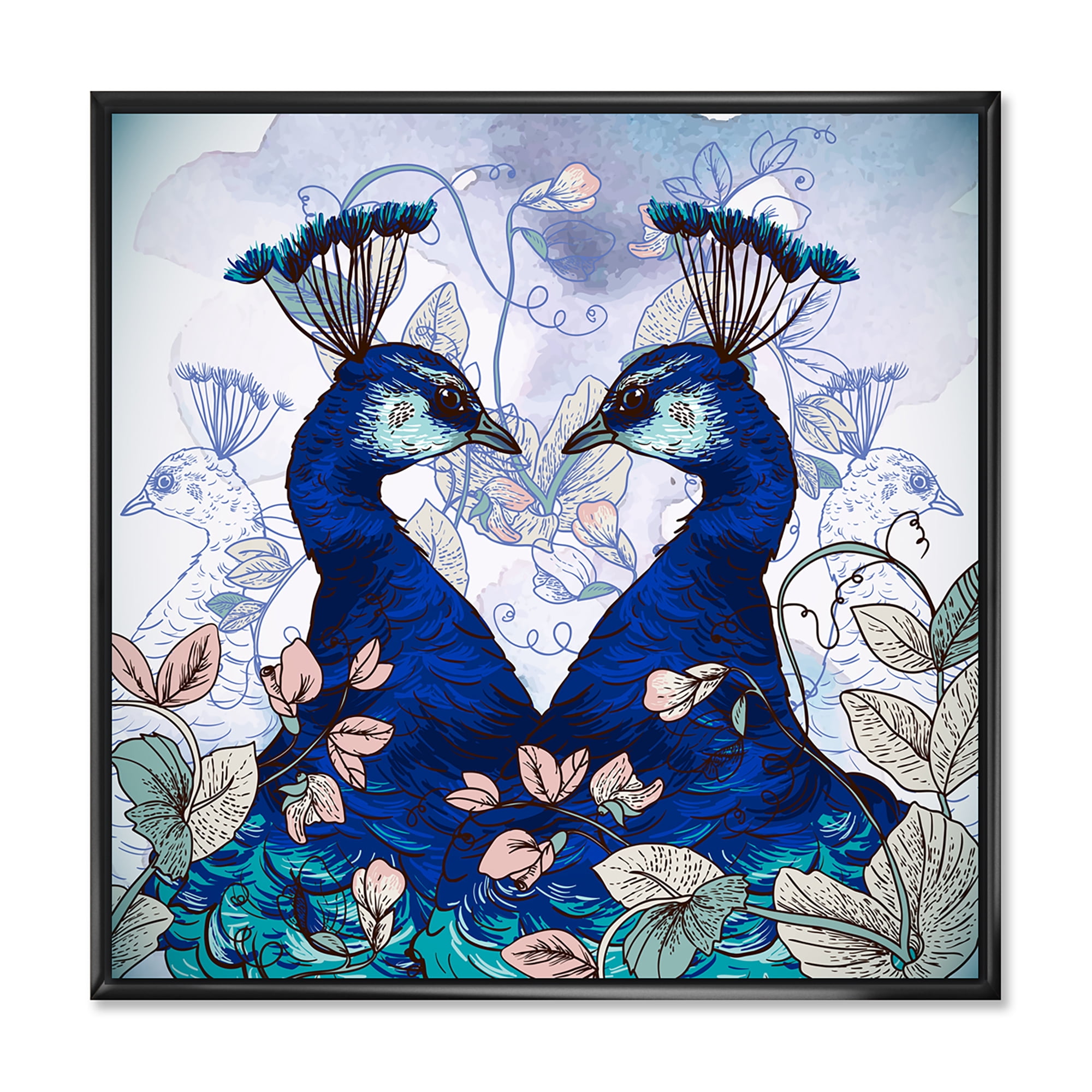 Designart 'Wildflowers With Two Blue Peacocks' Traditional Framed Canvas Wall Art Print