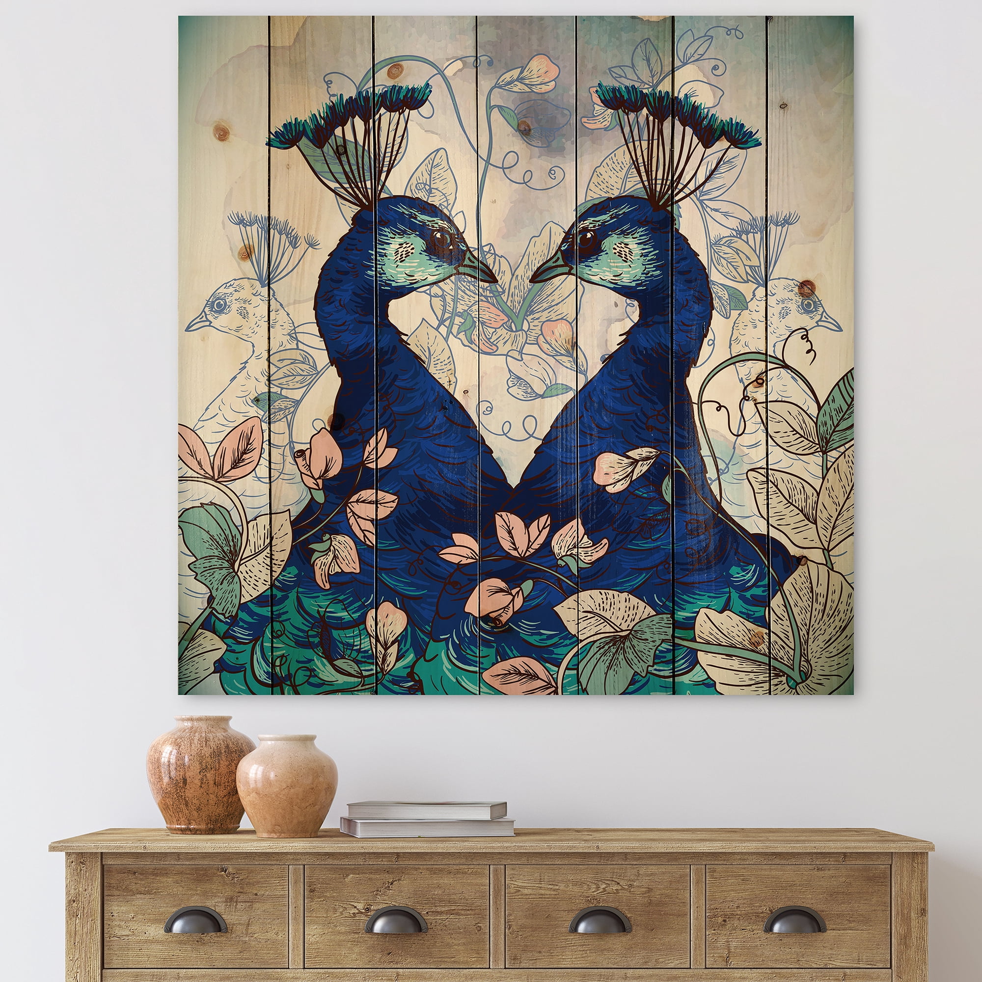Designart 'Wildflowers With Two Blue Peacocks' Traditional Print on Natural Pine Wood