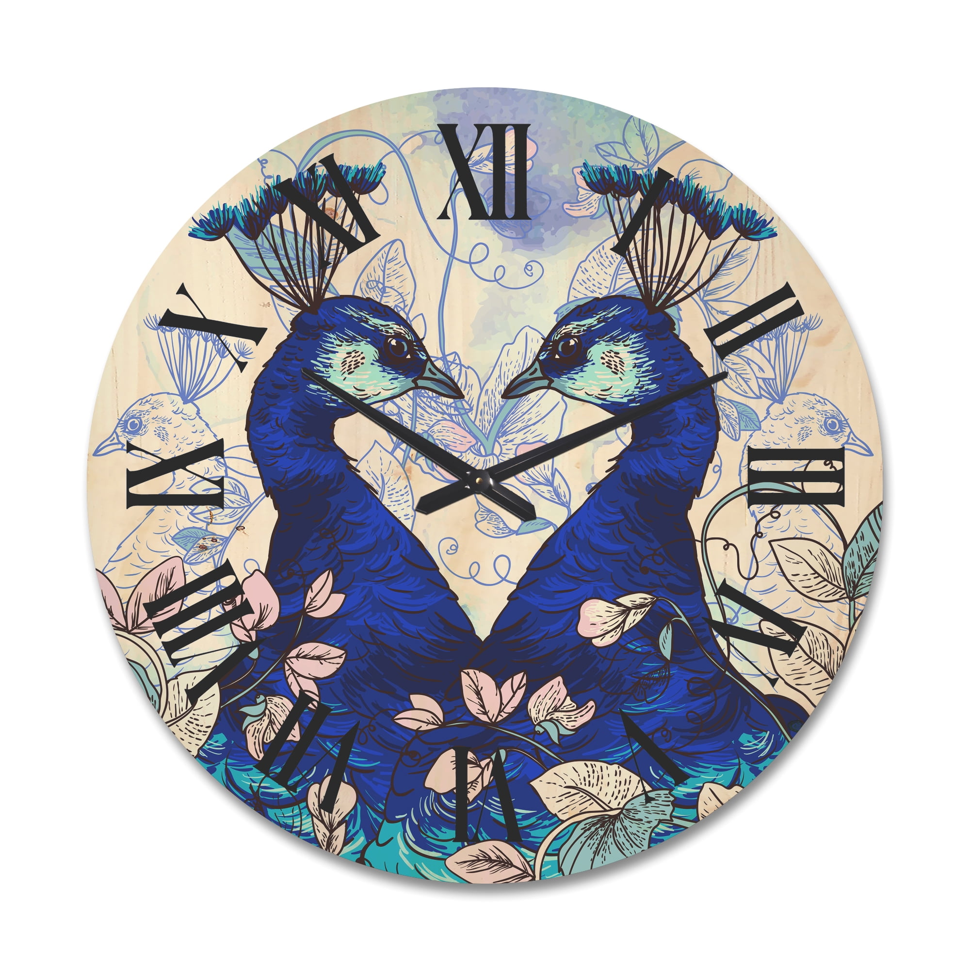 Designart 'Wildflowers With Two Blue Peacocks' Traditional Wood Wall Clock