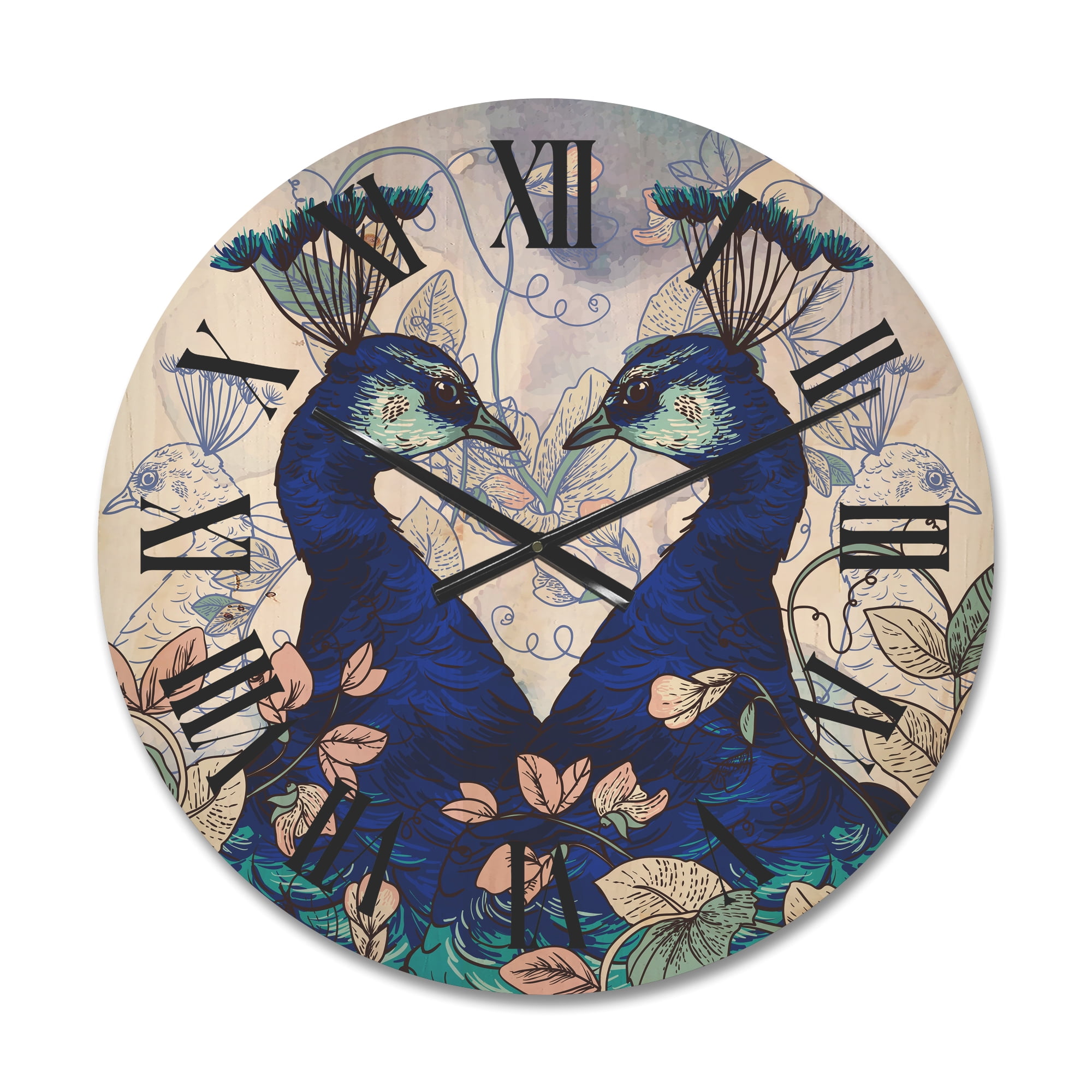 Designart 'Wildflowers With Two Blue Peacocks' Traditional Wood Wall Clock